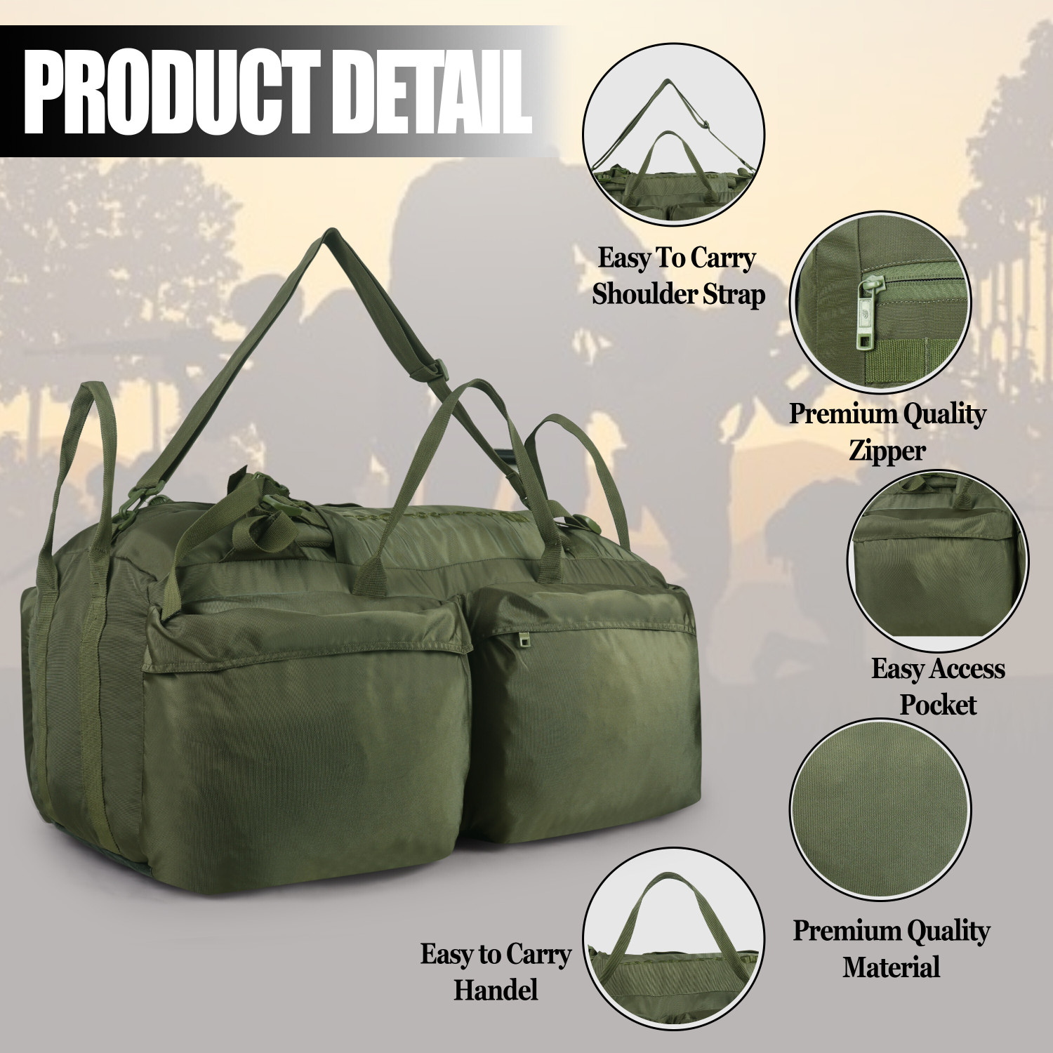 Image of SURVIVOR GEAR Heavy-Duty Polyester Army Duffel Bag with Large Capacity, Multi-Pocket Design 120 L Backpack