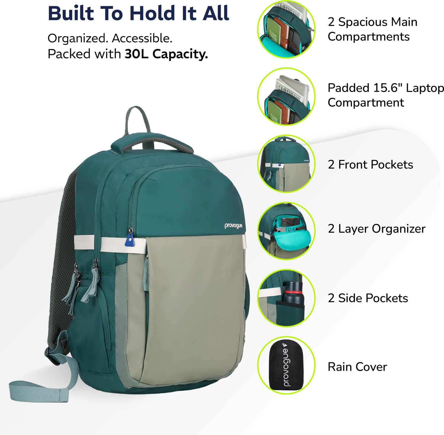 Image of PROVOGUE Urban laptop bag with rain cover, 2 side pocket, Green, 30 Ltr 30 L Laptop Backpack