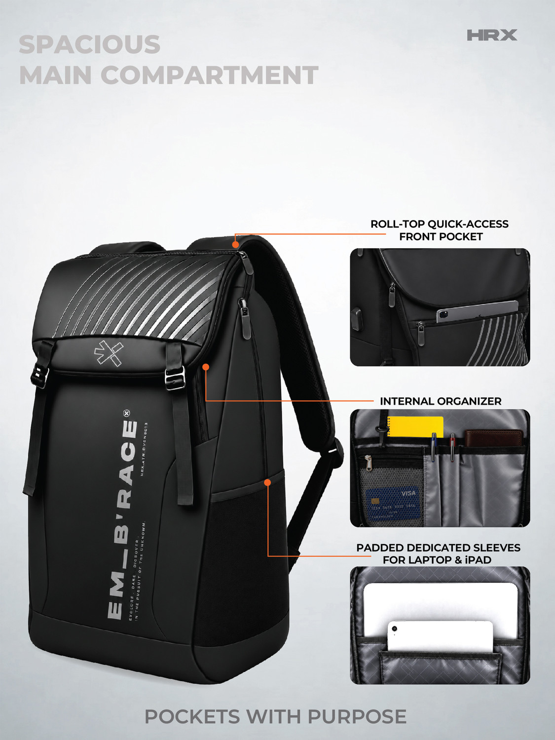 Image of HRX by Hrithik Roshan Large 42 L Laptop Backpack Velocity Unisex Travel Backpack with Anti Theft Pocket, Chest & Luggage Strap (Black)