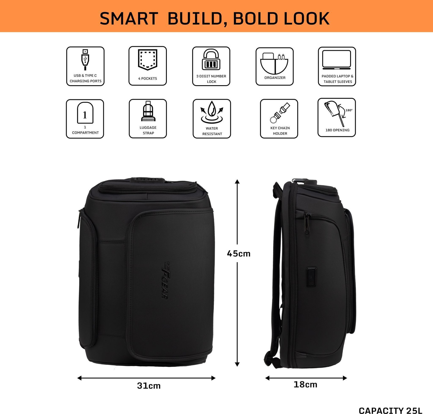 Image of F Gear Shadow 25L Black Anti-Theft Laptop Backpack | 17 inch Laptop, USB & Type-C 25 L Laptop Backpack