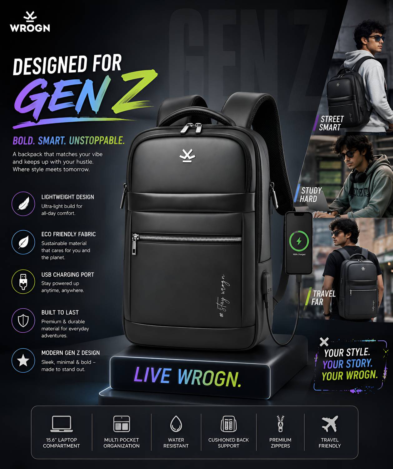 WROGN 32L Multi Compartment Laptop Backpack - Image 3