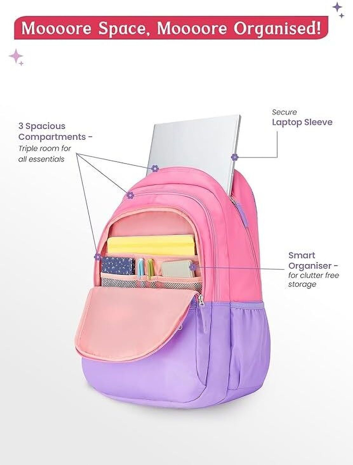 Image of Genie CELESTIA School Backpack For Girls |19 Inch| 36 Litres Laptop Backpack - Purple 36 L Laptop Backpack