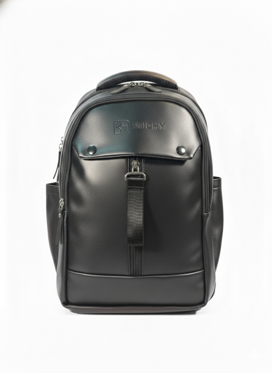 Image of STICHY Multi-Compartment Black Leather-Finish Backpack with Dual Bottle Pockets 20 L Backpack