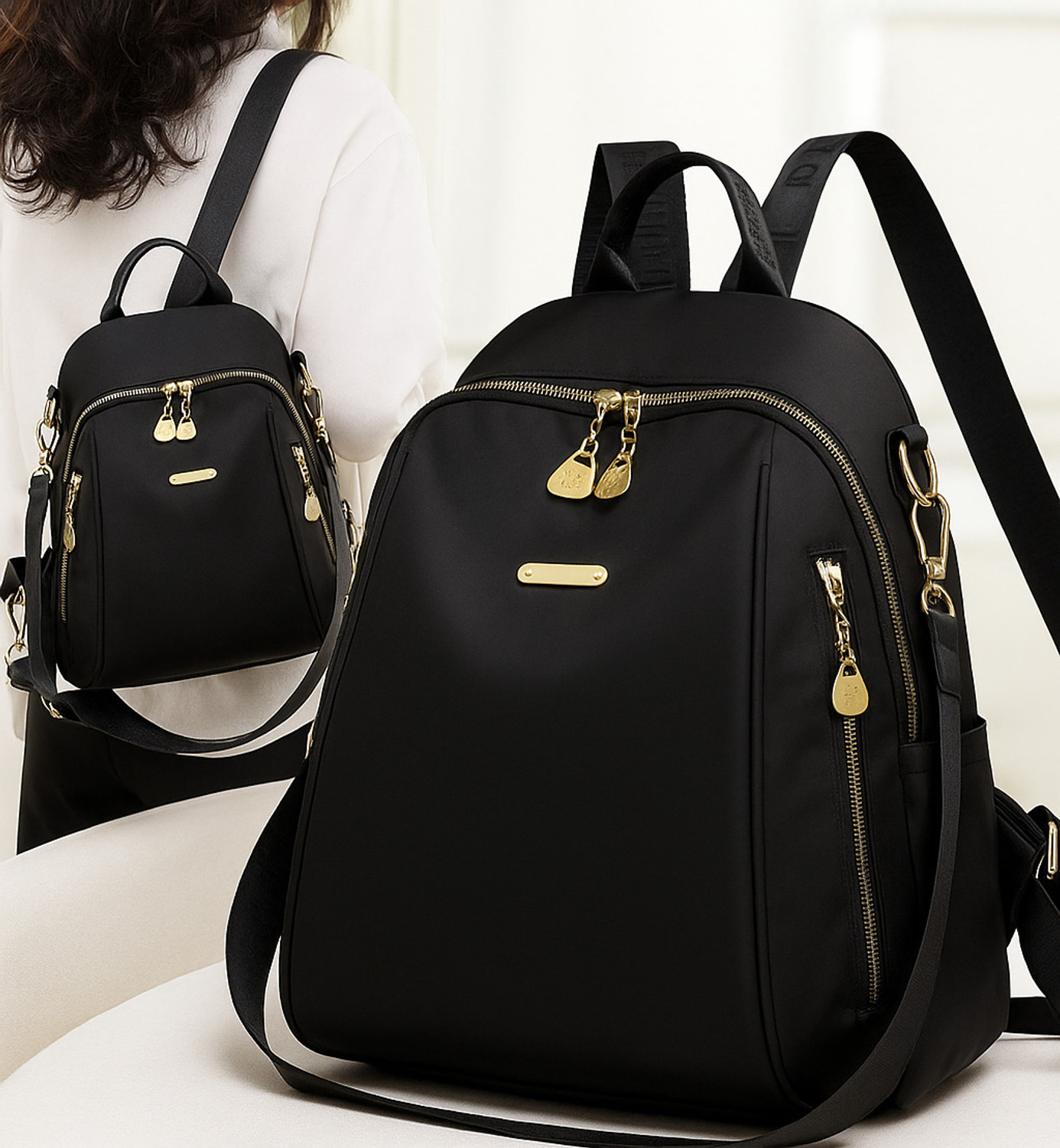 Image of speginic Trendy women's backpack handbag with a sleek solid black look and golden zippers 15 L Backpack