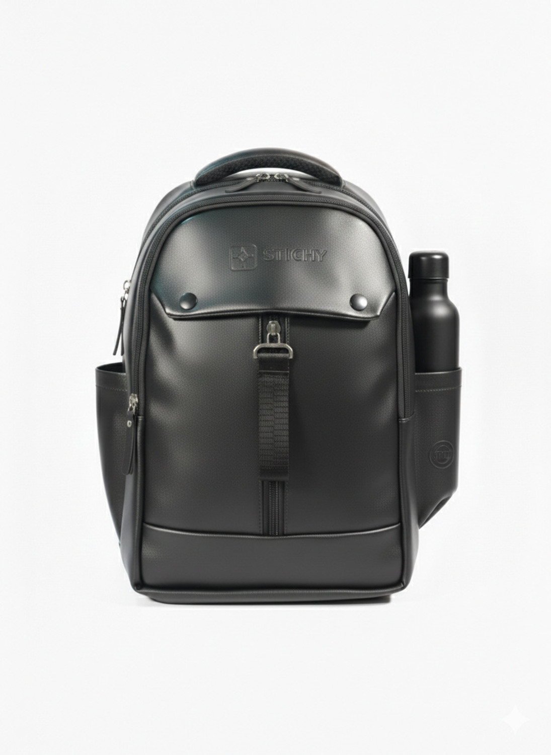 Image of STICHY Multi-Compartment Black Leather-Finish Backpack with Dual Bottle Pockets 20 L Backpack