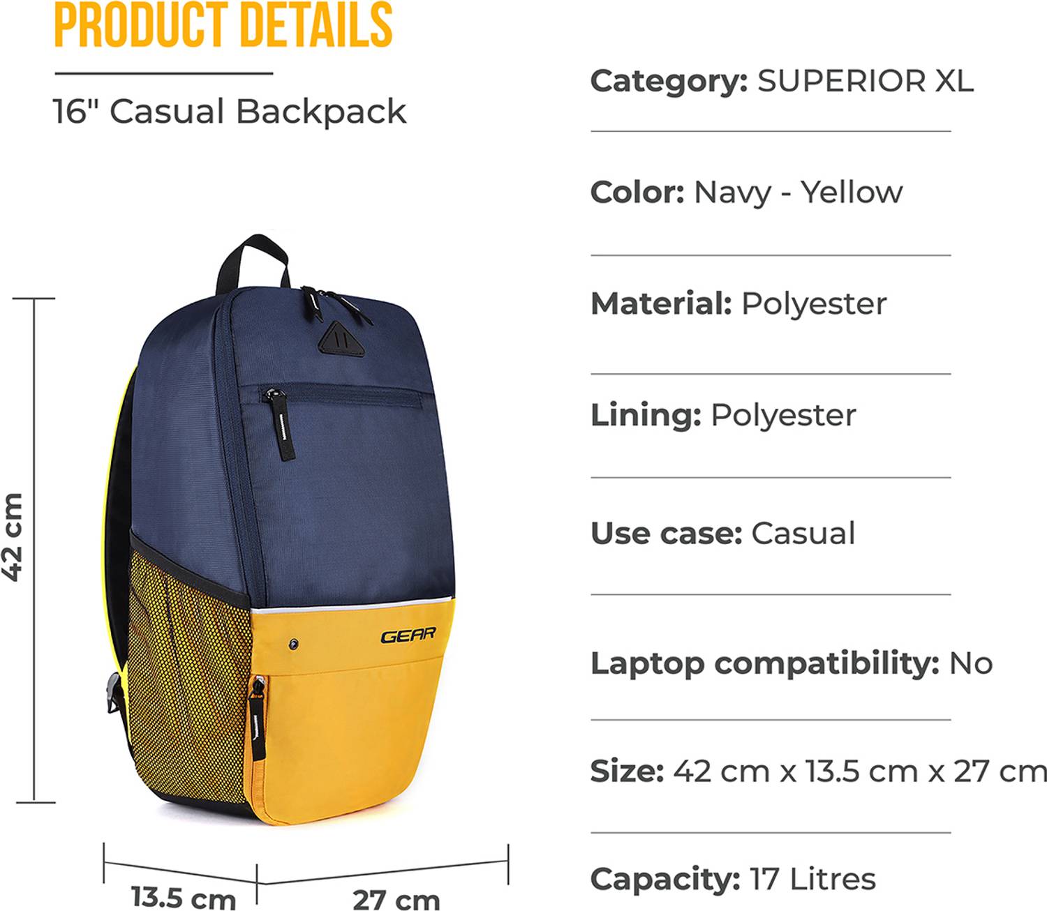 Gear SUPERIOR XL BACKPACK 17 L Backpack NAVY-YELLOW - Price in