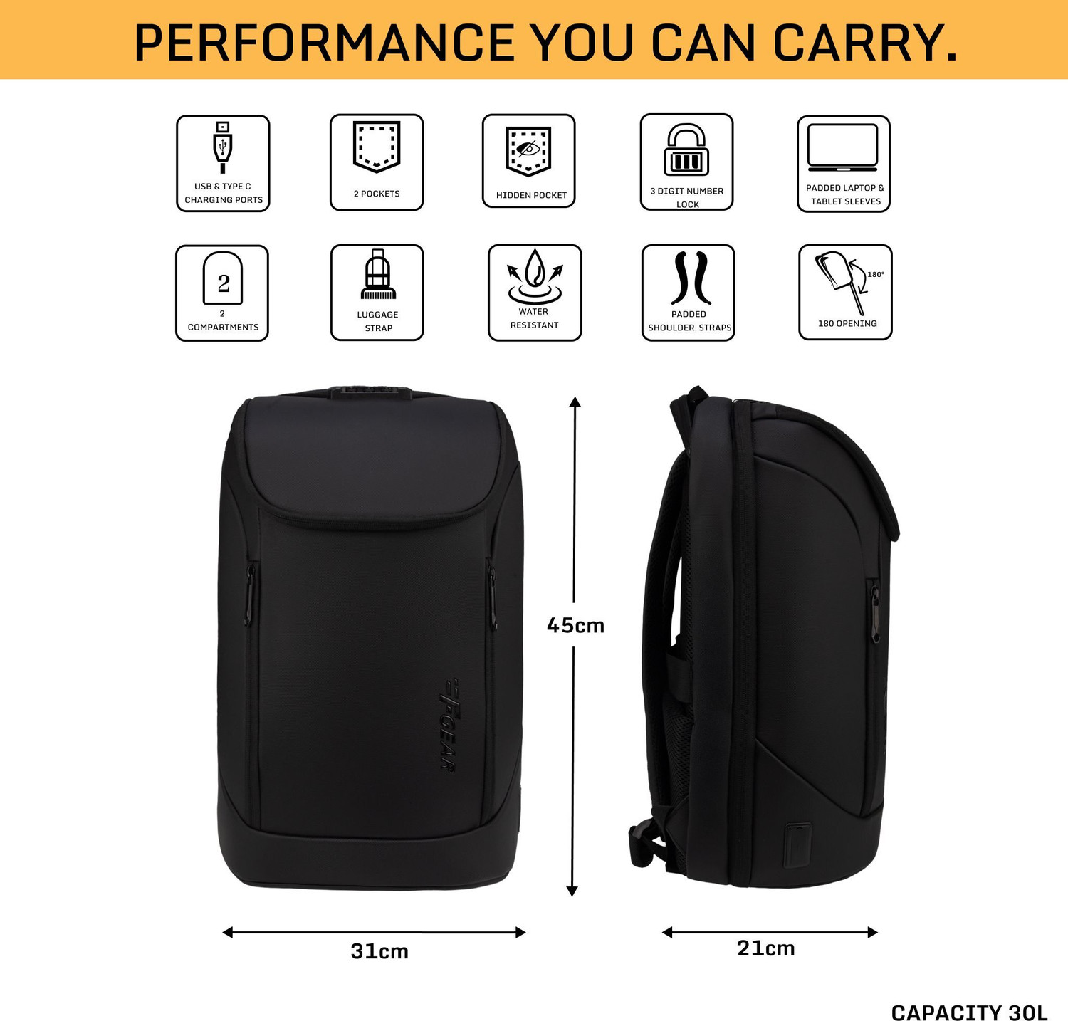 Image of F Gear Spark 30L Black Anti-Theft Laptop Backpack | 17 inch Laptop, USB & Type-C 30 L Laptop Backpack