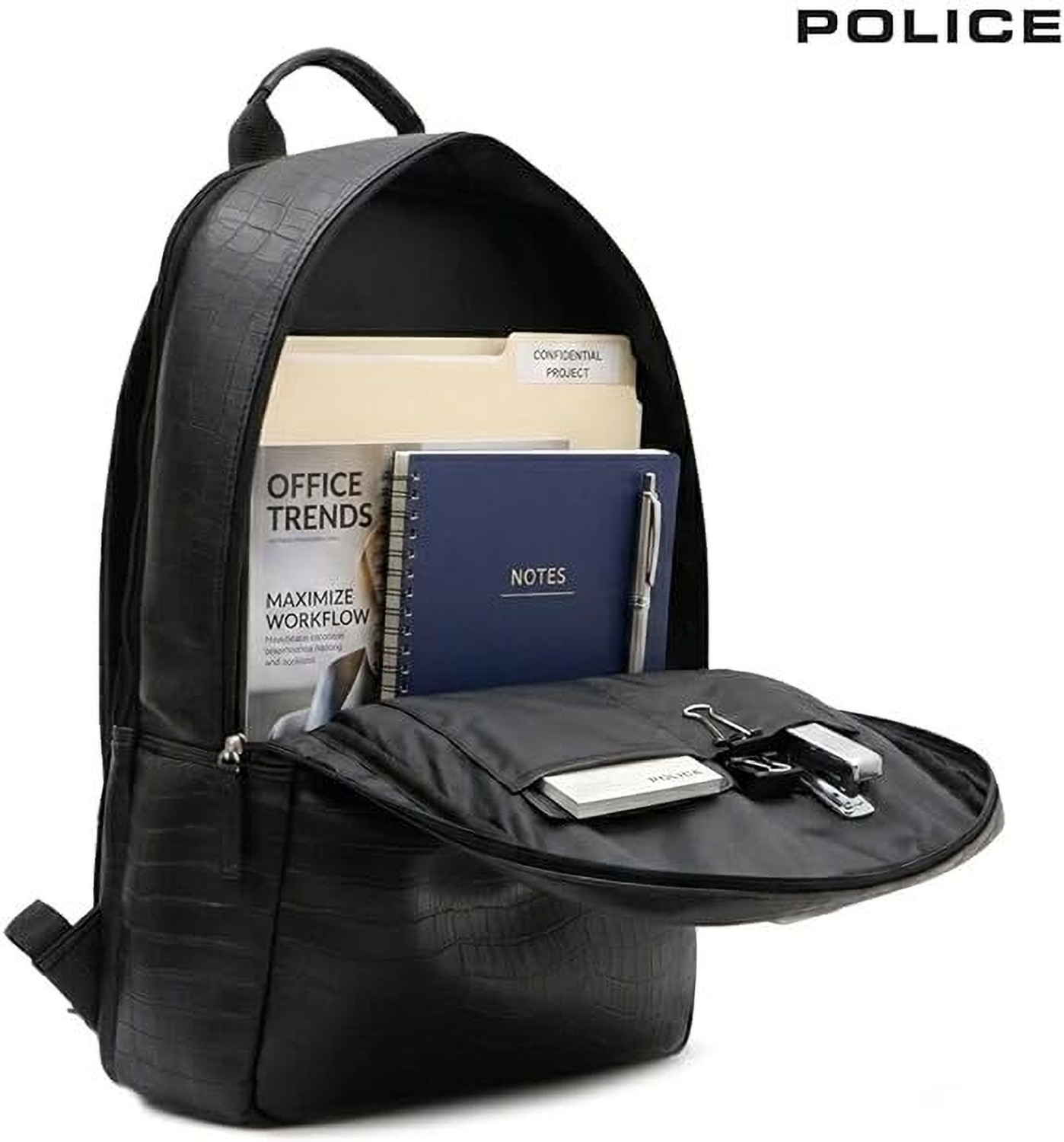 Image of Police Premium Croco Texture Double Compartment Laptop Backpack Black 35 L Laptop Backpack