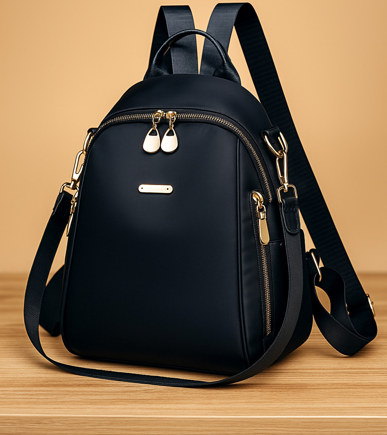 Image of speginic Trendy women's backpack handbag with a sleek solid black look and golden zippers 15 L Backpack