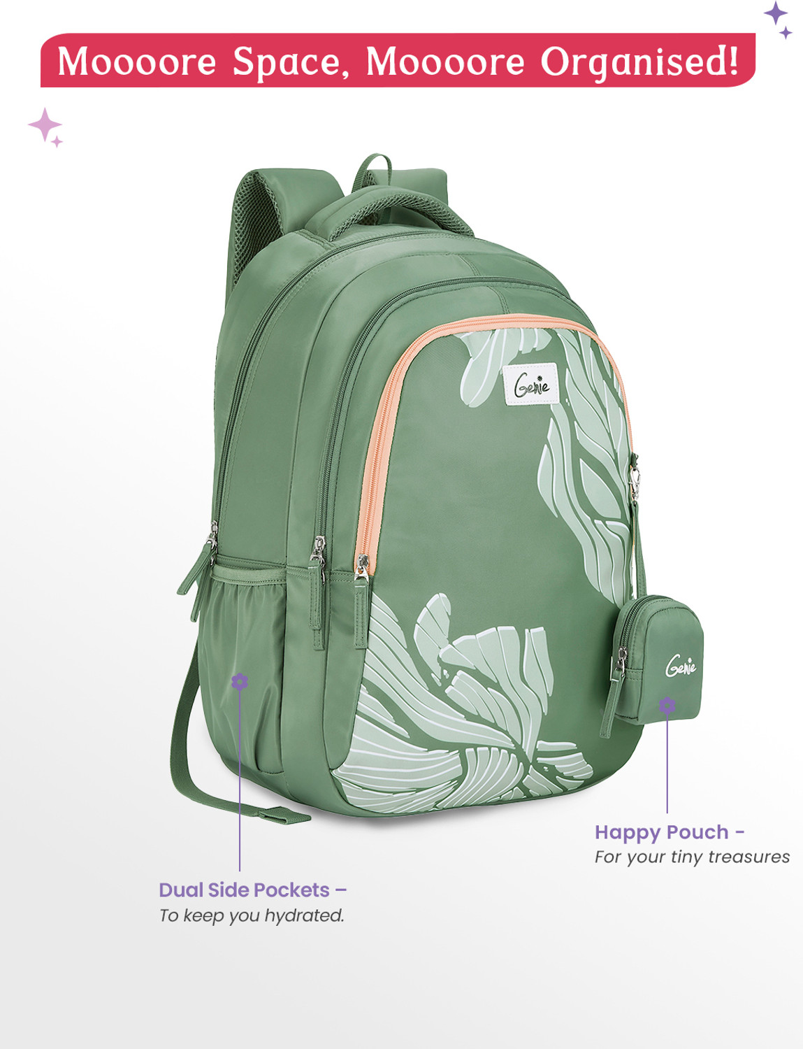 Image of Genie Mira School Backpack For Girls |19 Inch - Sage 36 L Backpack