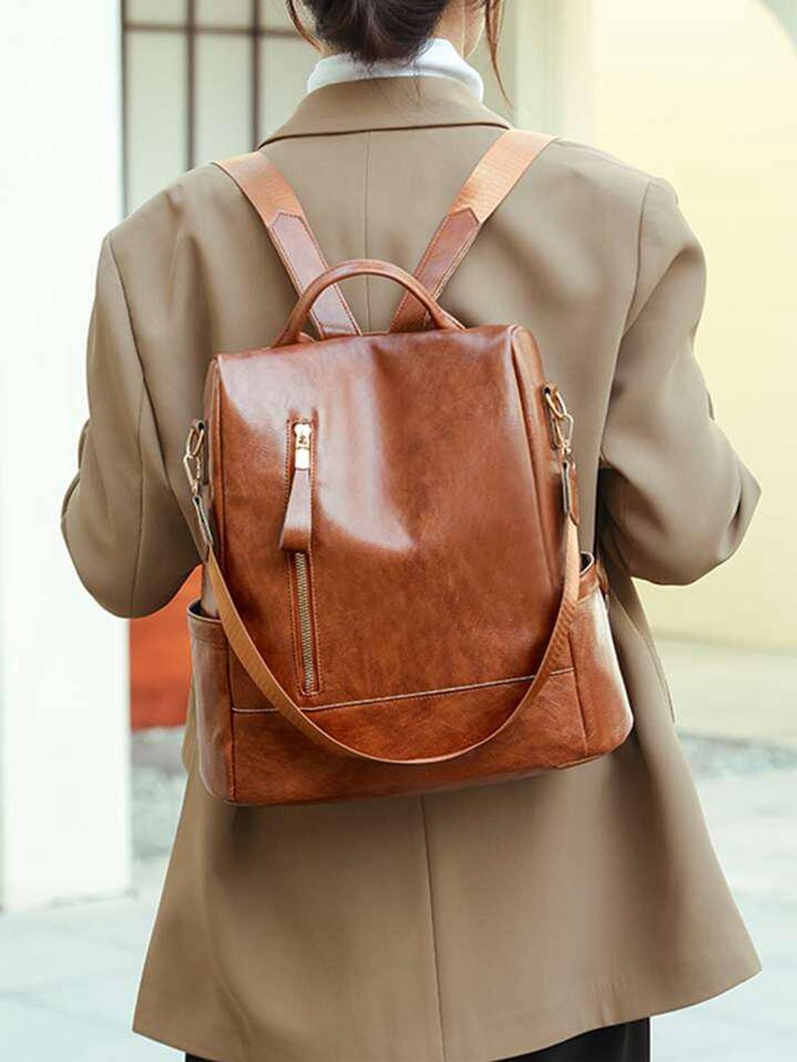 M RUFOUS Ladies Tan Vegan Leather Backpack 20L - Image 3