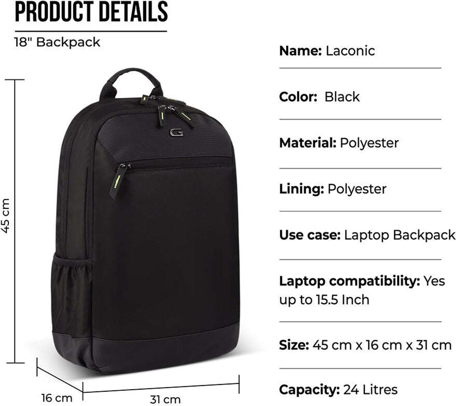 Image of Gear Medium 24 L Laptop Backpack Laconic 18 inch /24L Medium Laptop Backpack For Men /Women (Black) (Black)