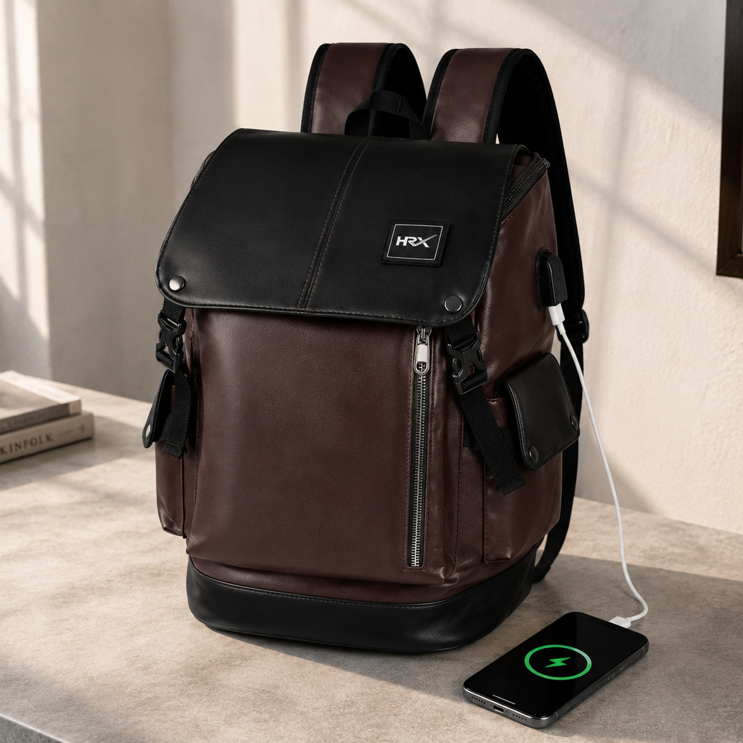 Image of HRX by Hrithik Roshan Leather Laptop Backpack with USB Charging Port Water Resistant Travel Bag 35 L Laptop Backpack