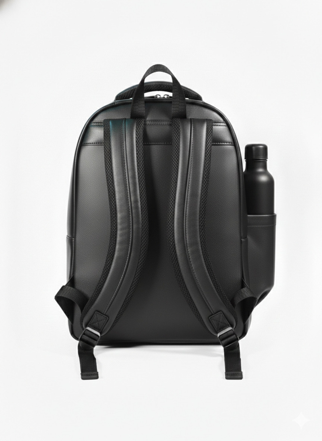 Image of STICHY Multi-Compartment Black Leather-Finish Backpack with Dual Bottle Pockets 20 L Backpack