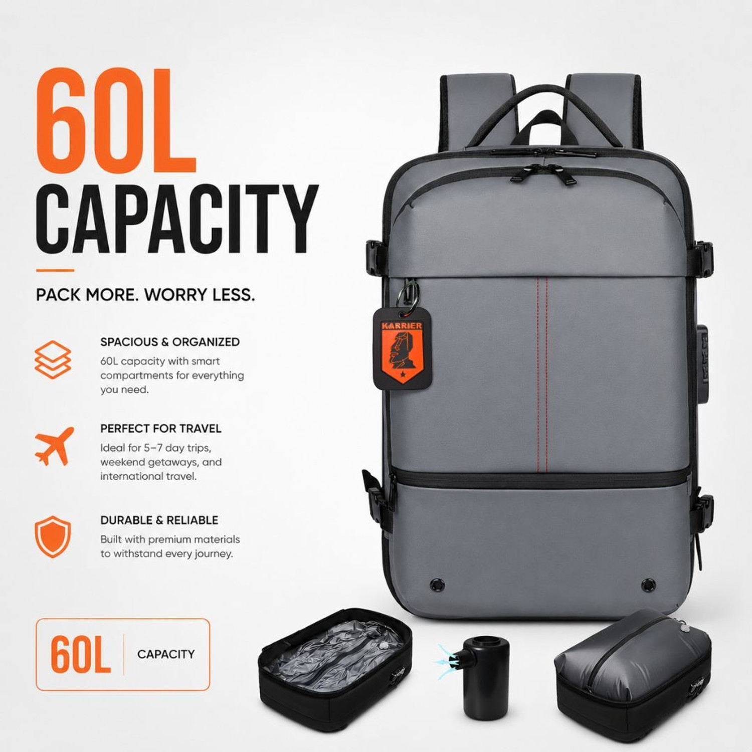 Image of KARRIER Vacuum Compression Backpack with Built-in System for Clothes & Gear 60 L Backpack
