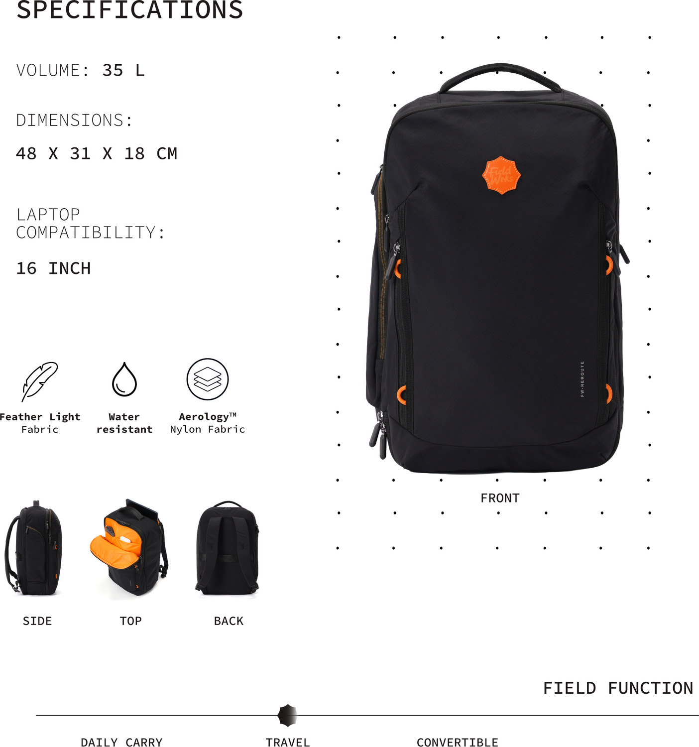 Image of Fieldwrks Large 35 L Laptop Backpack REROUTE BACKPACK (Black)