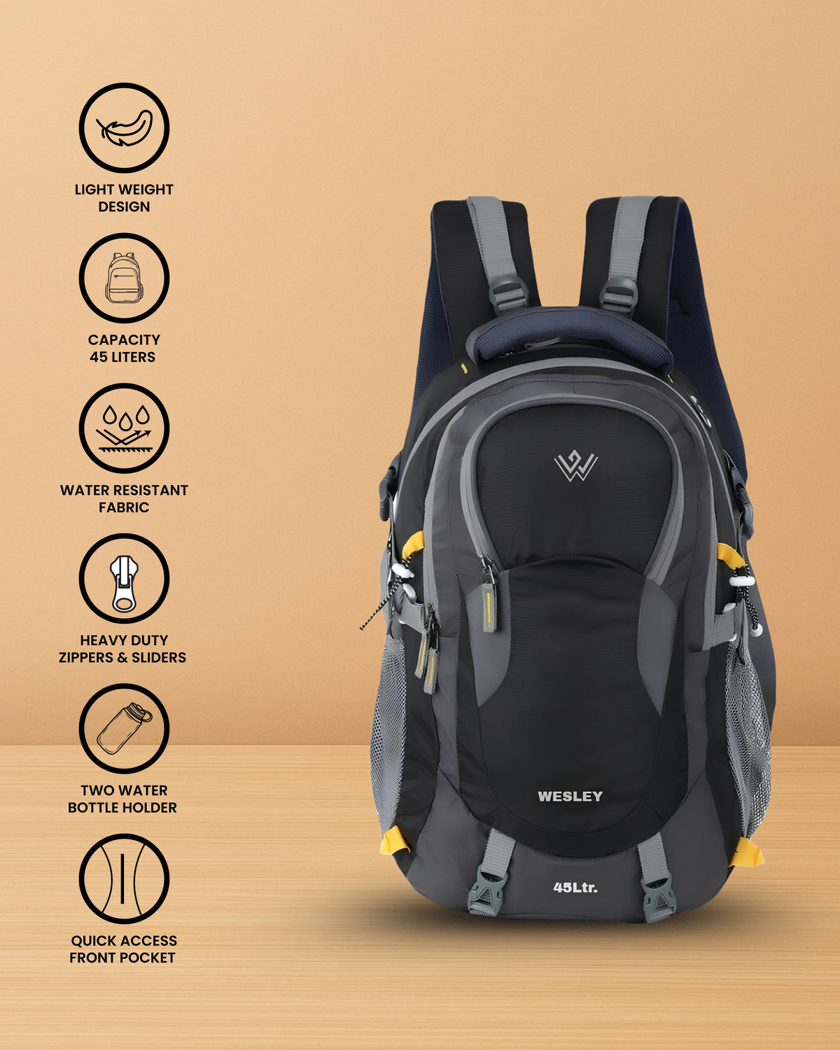 Image of WESLEY Spartan Rucksack hiking laptop bag fits upto 17.3 Raincover & internal organiser Rucksack - 45 L