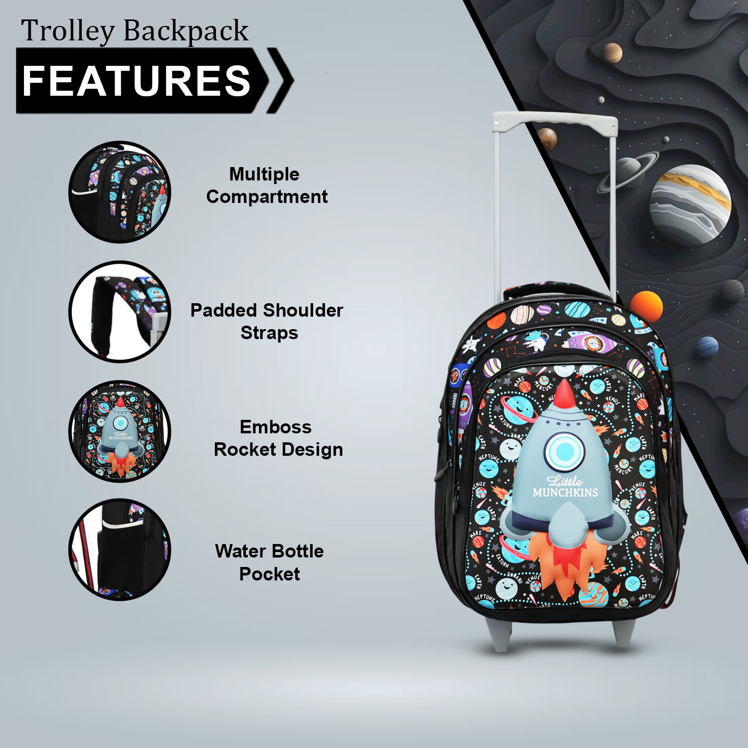 Image of Little Munchkins Cute Shark 3D School Trolley Bag |School trolley bag girls|trolley cum backpack 35 L Trolley Backpack