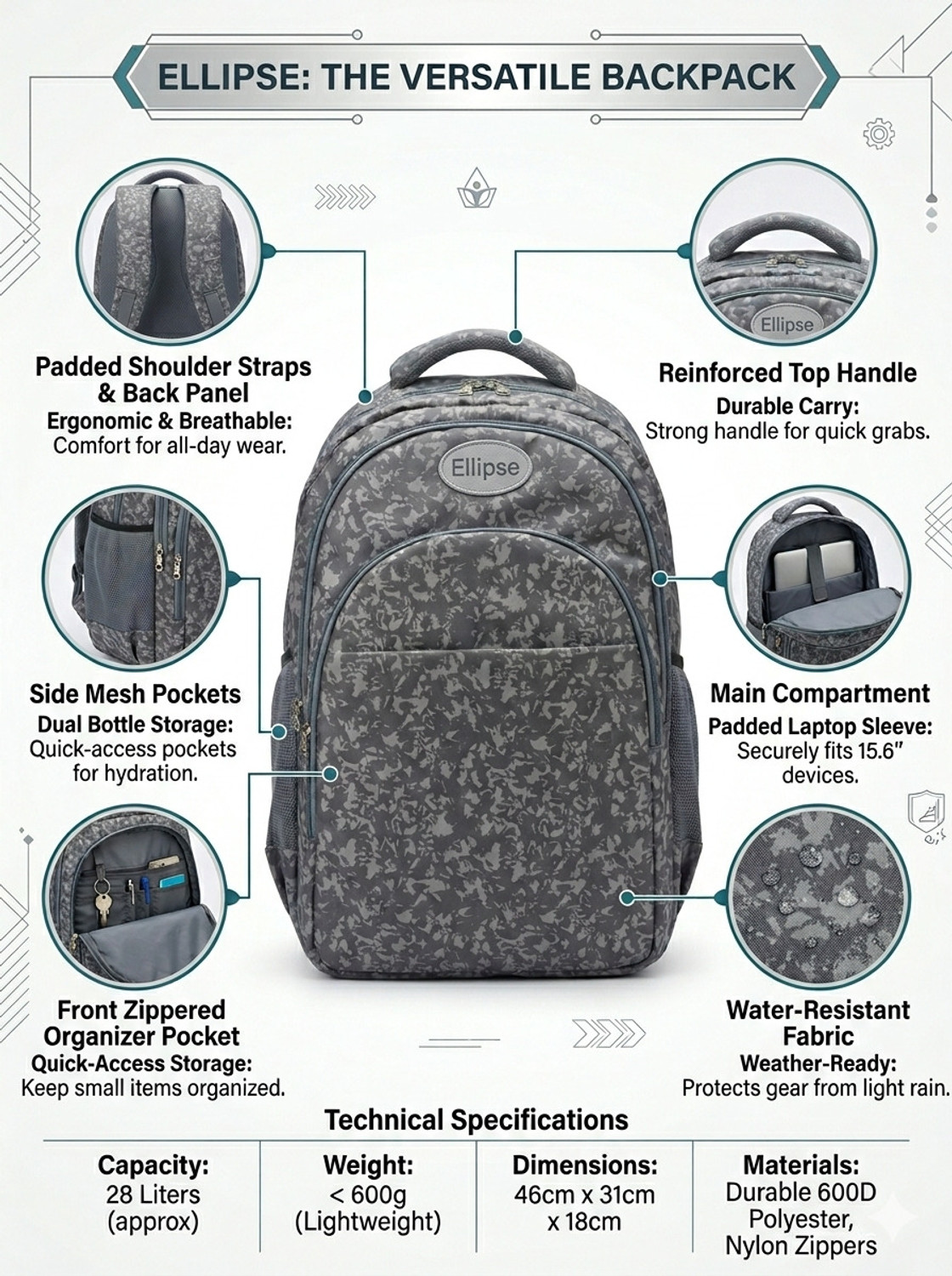 Image of Ellipse Backpack College Backpack Coaching Bag School Tuition Bag Waterproof School Bag 36 L Backpack