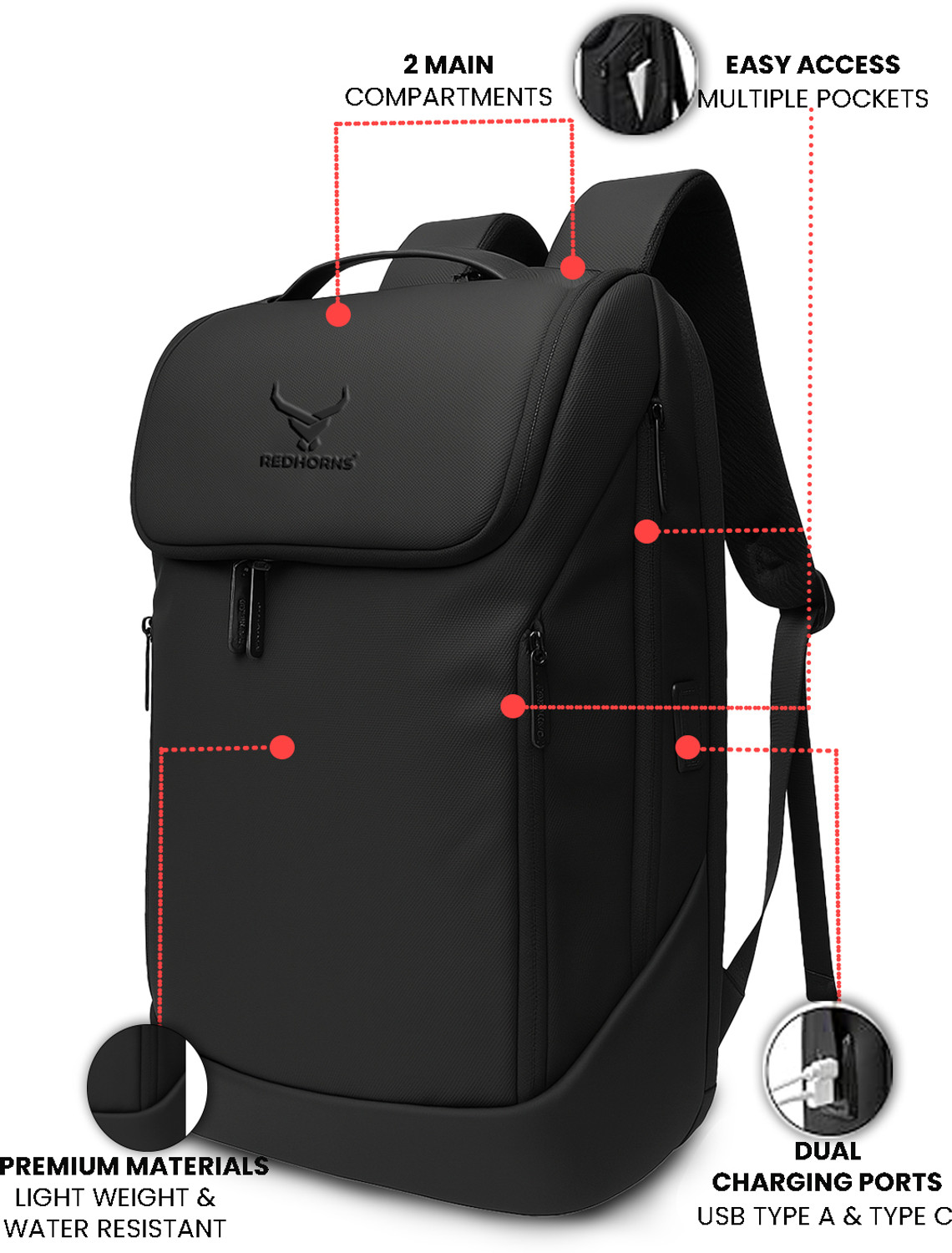 Image of REDHORNS Velocity 15.6 inch Unisex Laptop Bag Anti Theft,Water Resistant with USB Charging 24 L Laptop Backpack