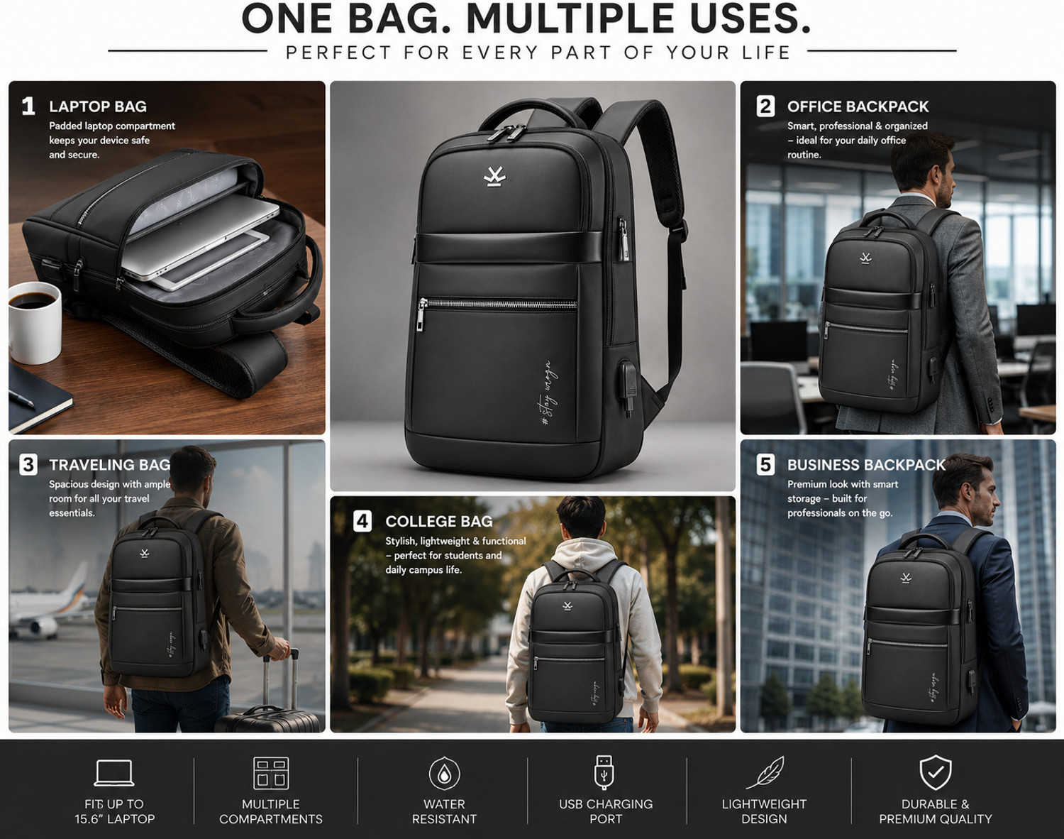 Image of WROGN Premium Anti-Theft Backpack USB Charging Port Travel Office Bags 32 L Backpack