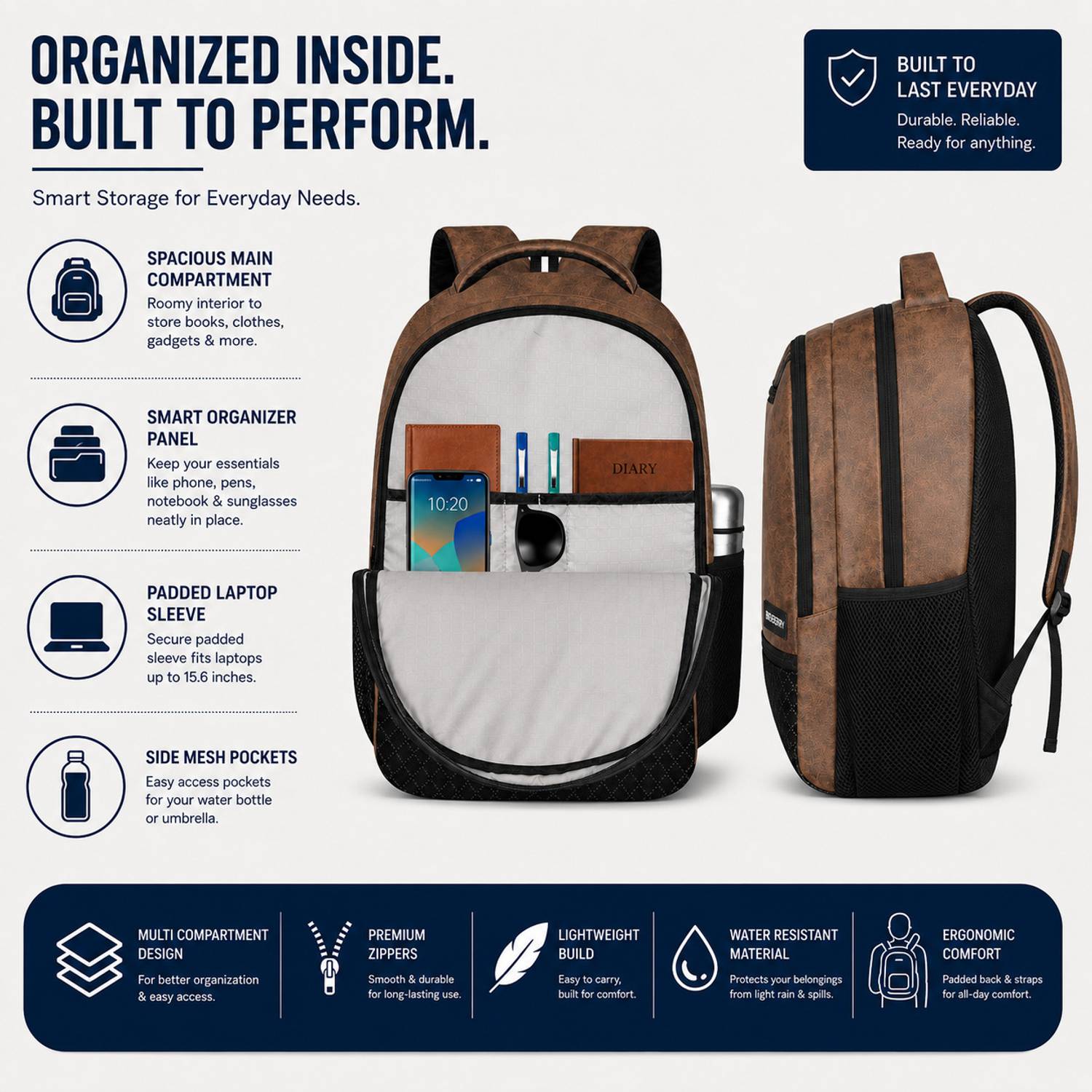 BIGBERRY NEWAGE CLASSIC 2.0 27L Brown Laptop Backpack - Image 3