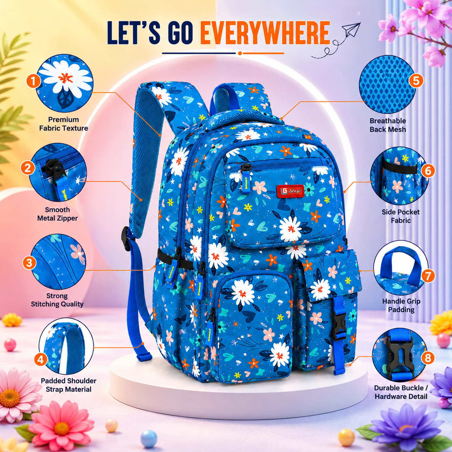 Image of Let's Go Floral Printed Backpack for Girls | School, College & Travel Bag 18 L Laptop Backpack