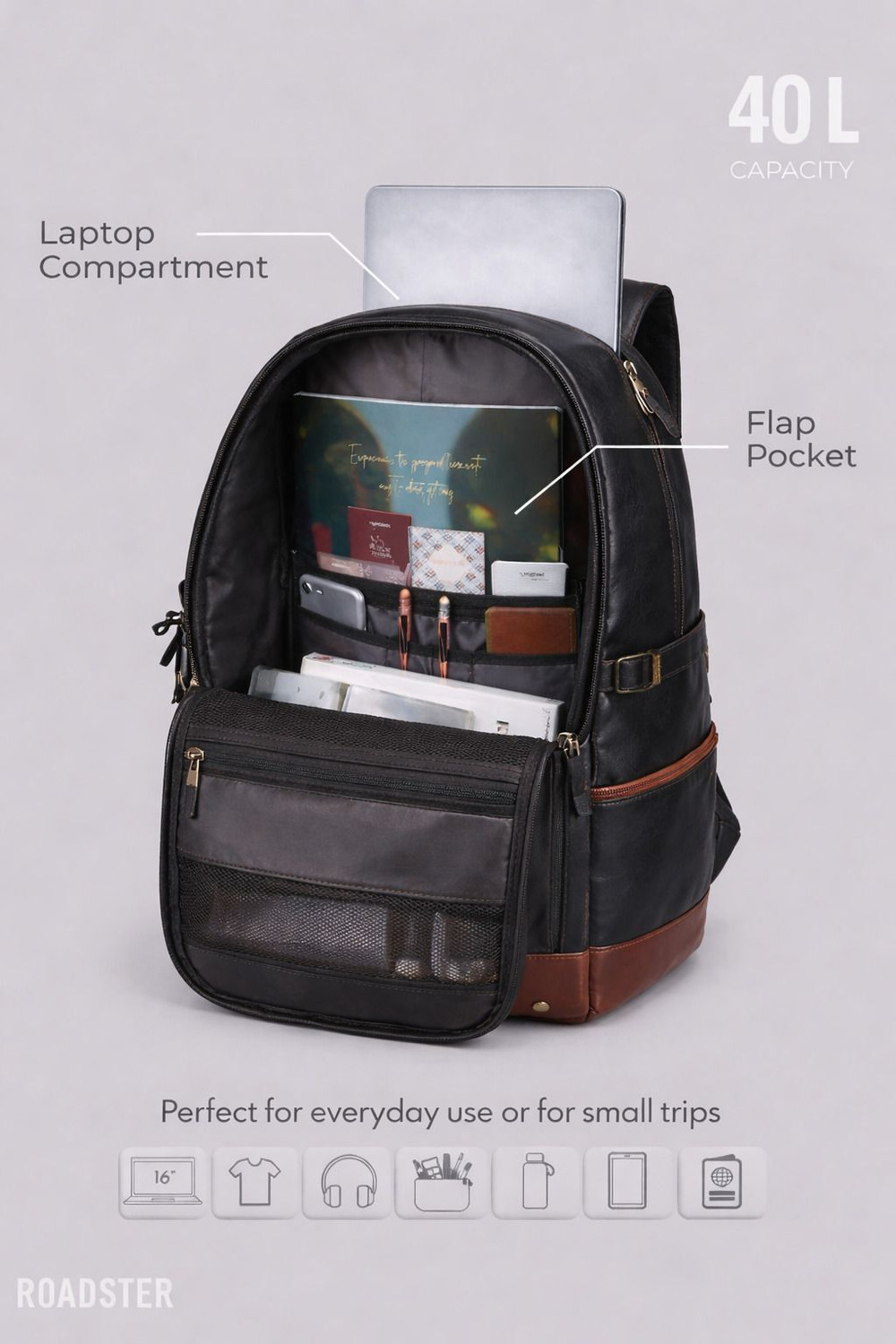 Image of Roadster Rider Large Laptop Backpack 40L premium Backpack CLASSIC ANTI THEFT FAUX LEATHER 40 L Laptop Backpack
