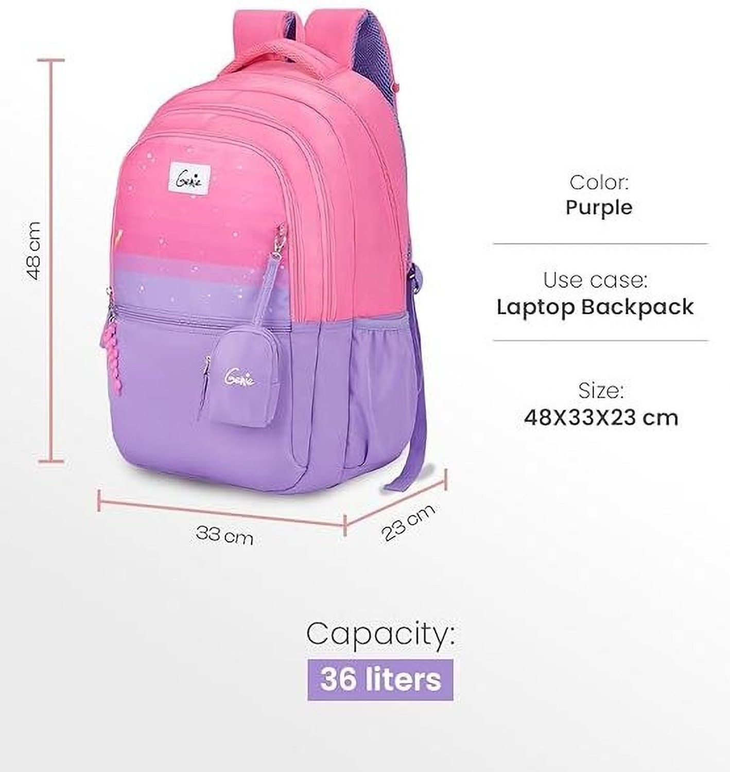 Image of Genie CELESTIA School Backpack For Girls |19 Inch| 36 Litres Laptop Backpack - Purple 36 L Laptop Backpack