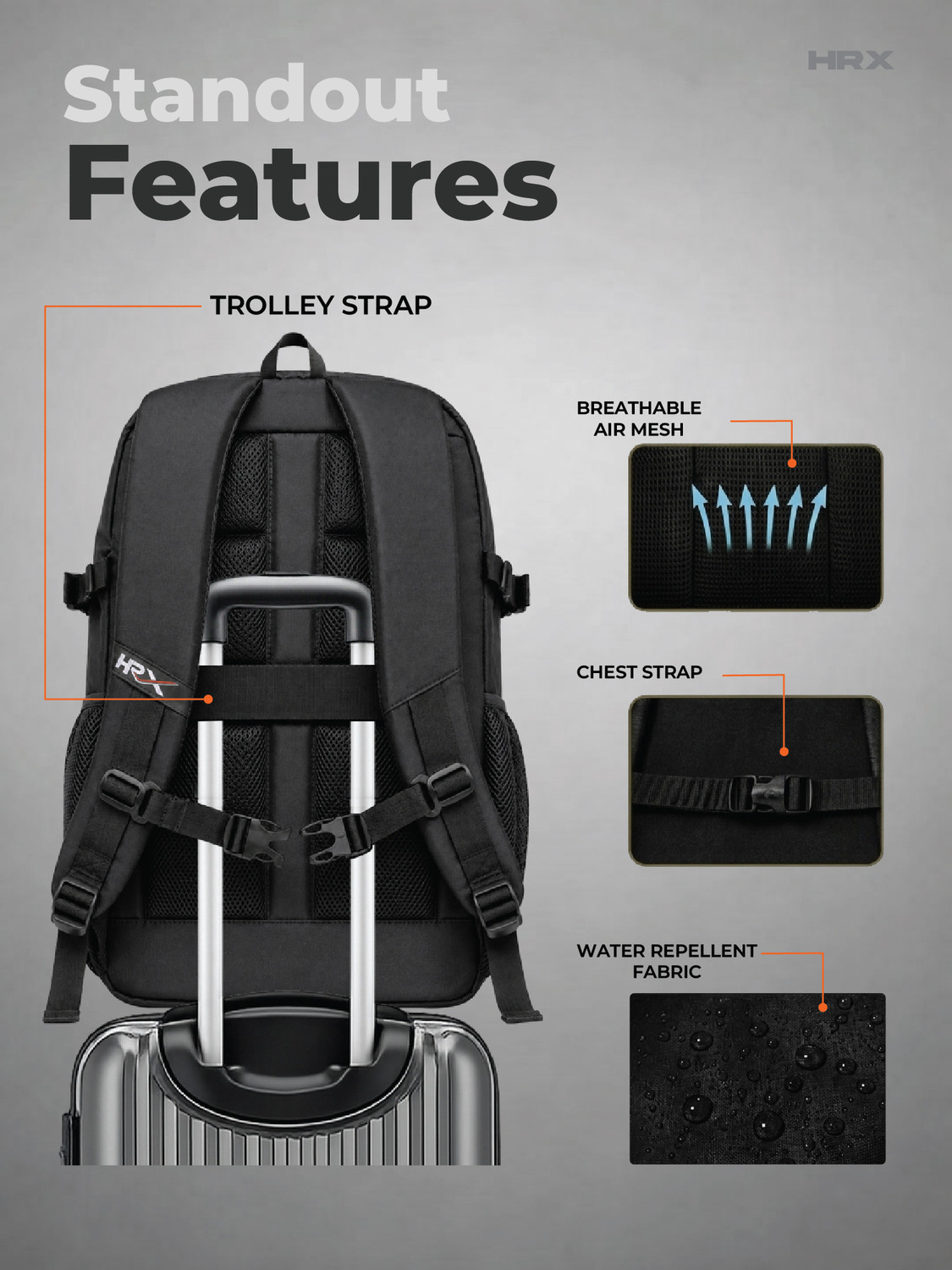 Image of HRX by Hrithik Roshan MetroVault Pro Laptop Backpack with Chest Strap, Luggage Strap and Rain Cover 42 L Laptop Backpack