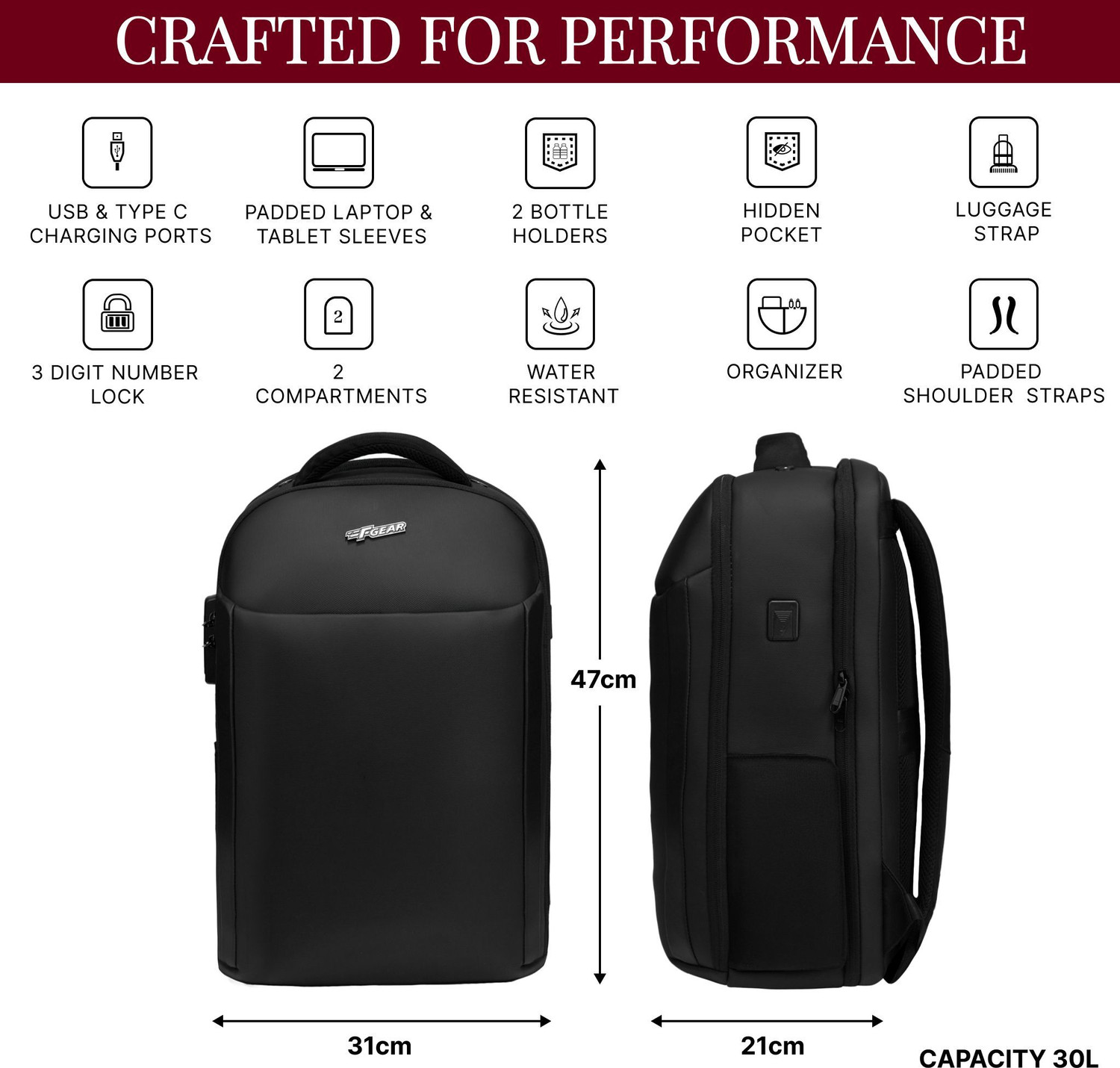 Image of F Gear Kaneki Black with USB Type-C Charging & 3 Digit Number Lock 30 L Laptop Backpack