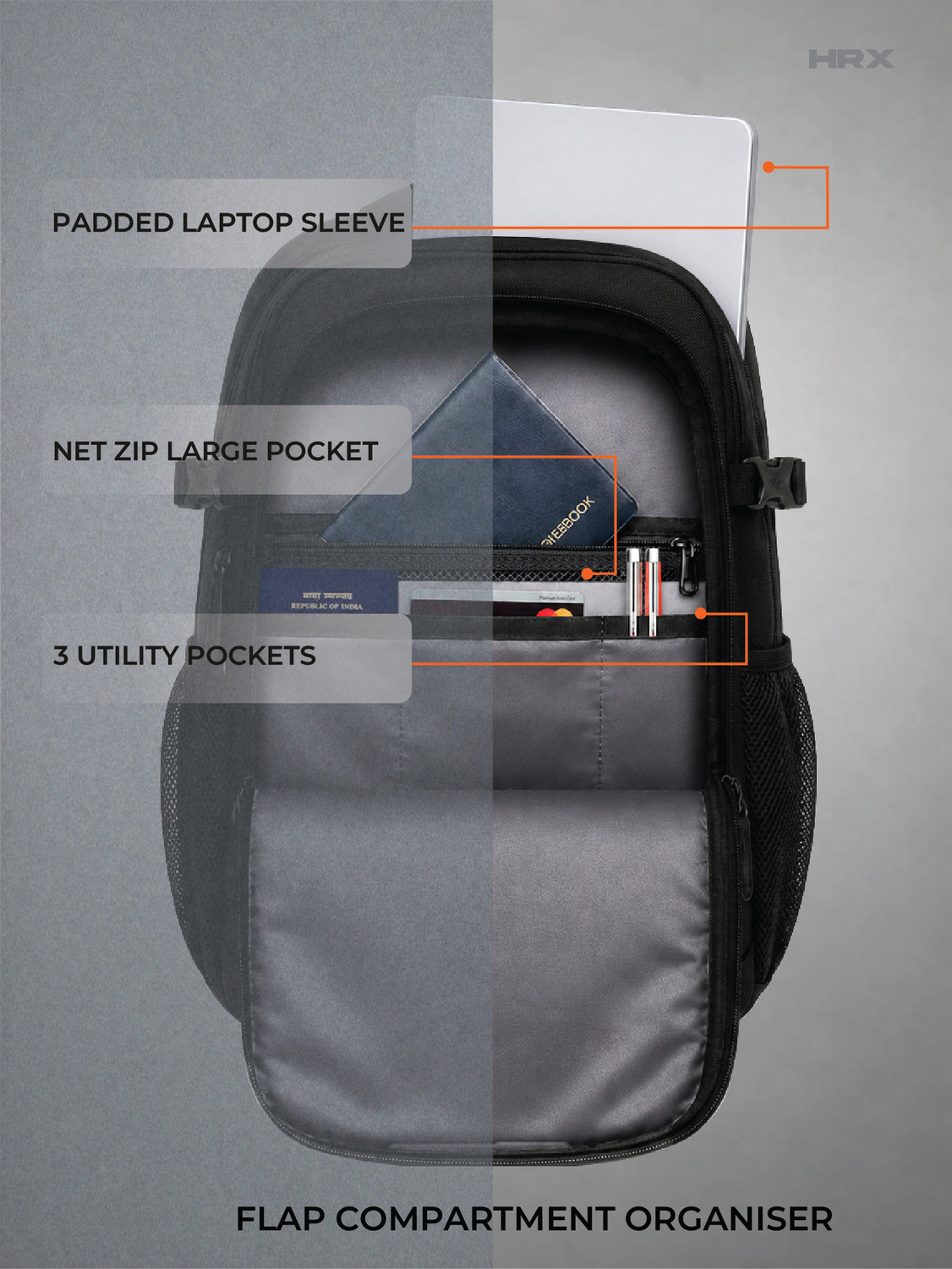 Image of HRX by Hrithik Roshan MetroVault Pro Laptop Backpack with Chest Strap, Luggage Strap and Rain Cover 42 L Laptop Backpack