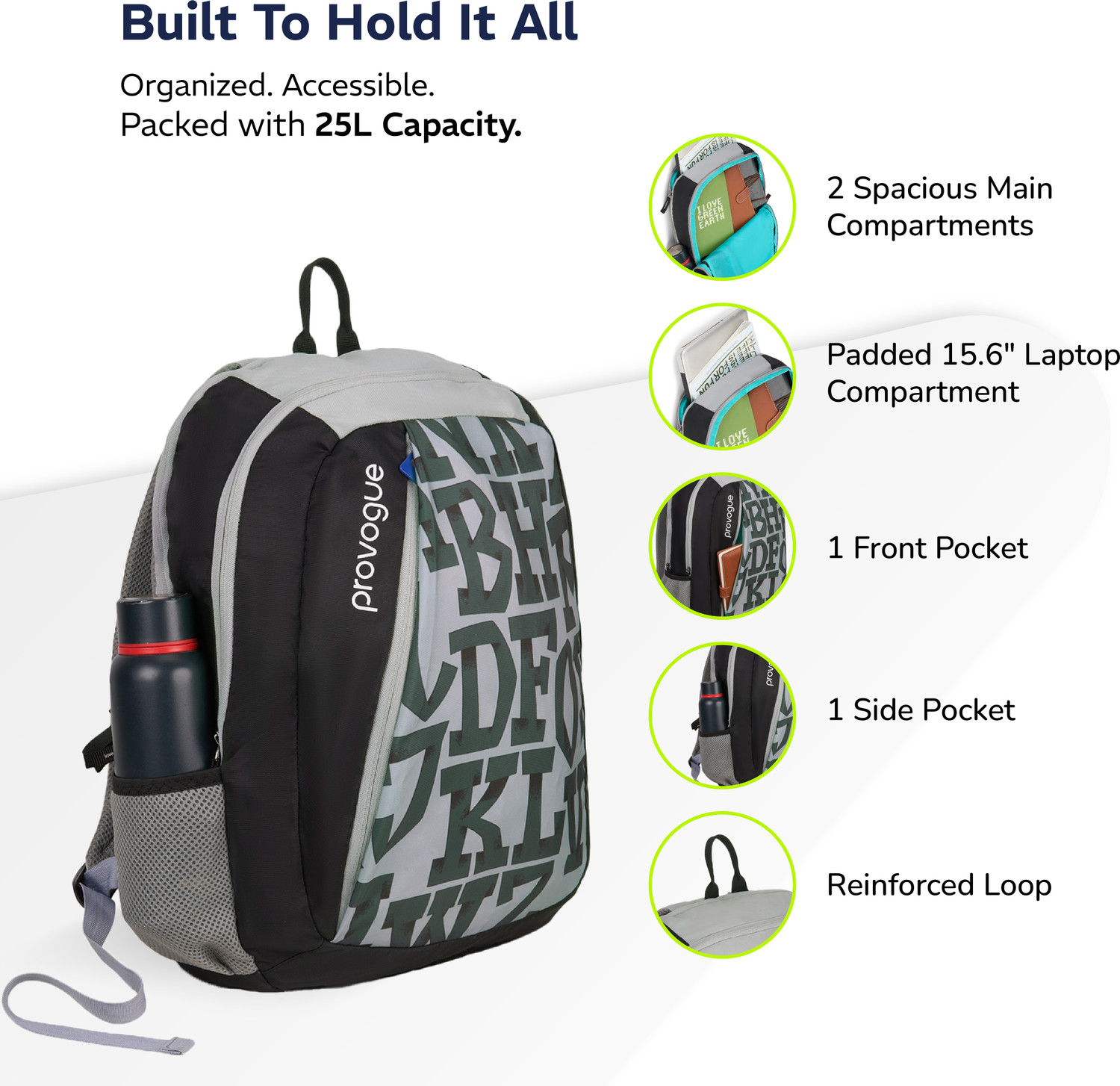 Image of PROVOGUE Alpha laptop bag with large compartments, bottle holder, Black, 25 Ltr 25 L Laptop Backpack