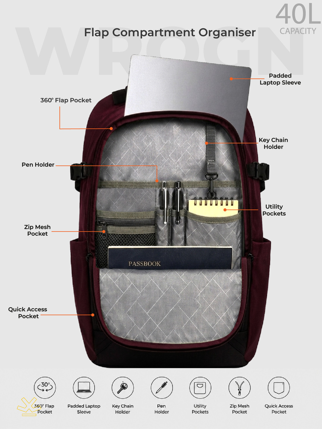 Image of WROGN Stealth Pro Unisex Laptop Backpack with Anti Theft Pocket & Rain Cover 40 L Laptop Backpack
