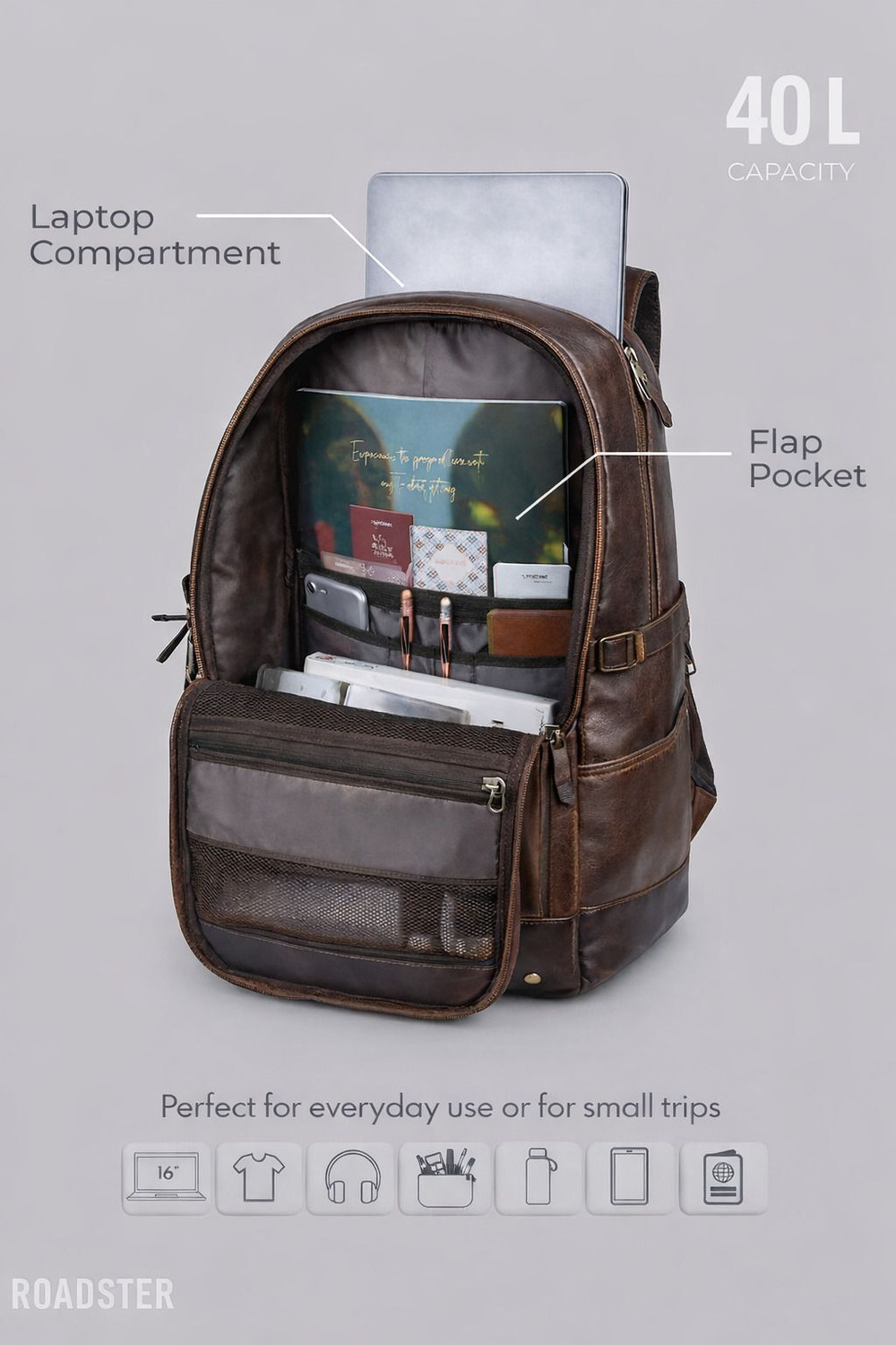 Image of Roadster Rider Large Laptop Backpack 40L premium Backpack CLASSIC ANTI THEFT FAUX LEATHER 40 L Laptop Backpack