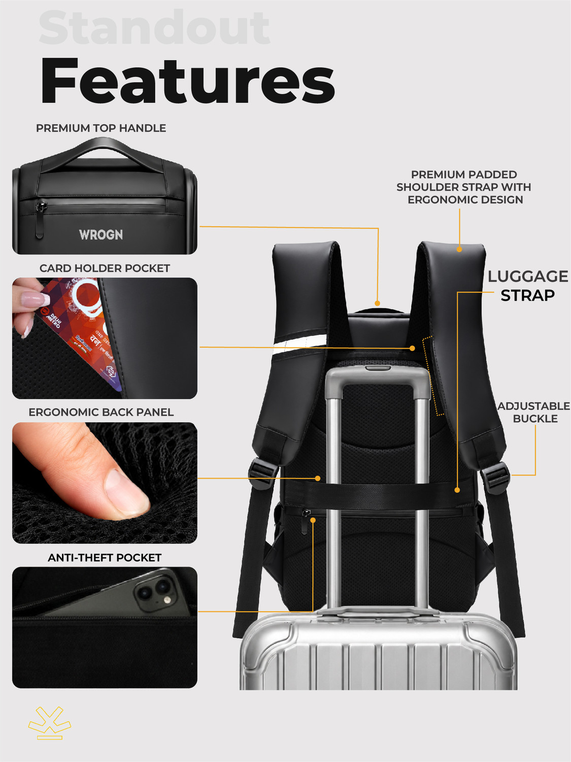 Image of WROGN Large 40 L Laptop Backpack Business Prime Laptop Backpack with Anti Theft Pocket & Luggage Strap (Black)