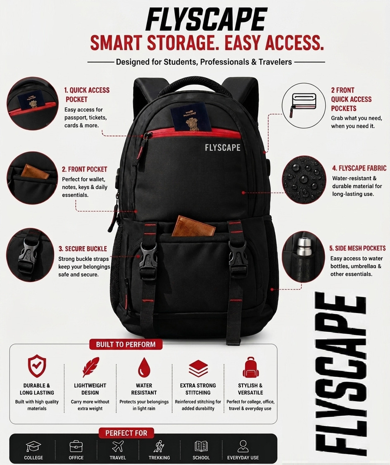 Image of Flyscape ASHPER Unisex with USB Port and Rain Cover 38 L Laptop Backpack