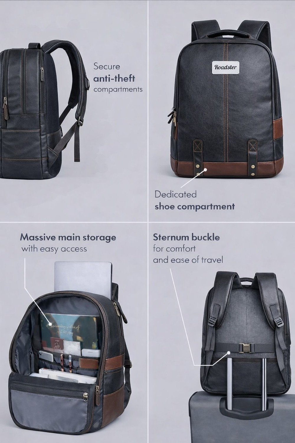 Image of Roadster Rider Large Laptop Backpack 40L premium Backpack CLASSIC ANTI THEFT FAUX LEATHER 40 L Laptop Backpack