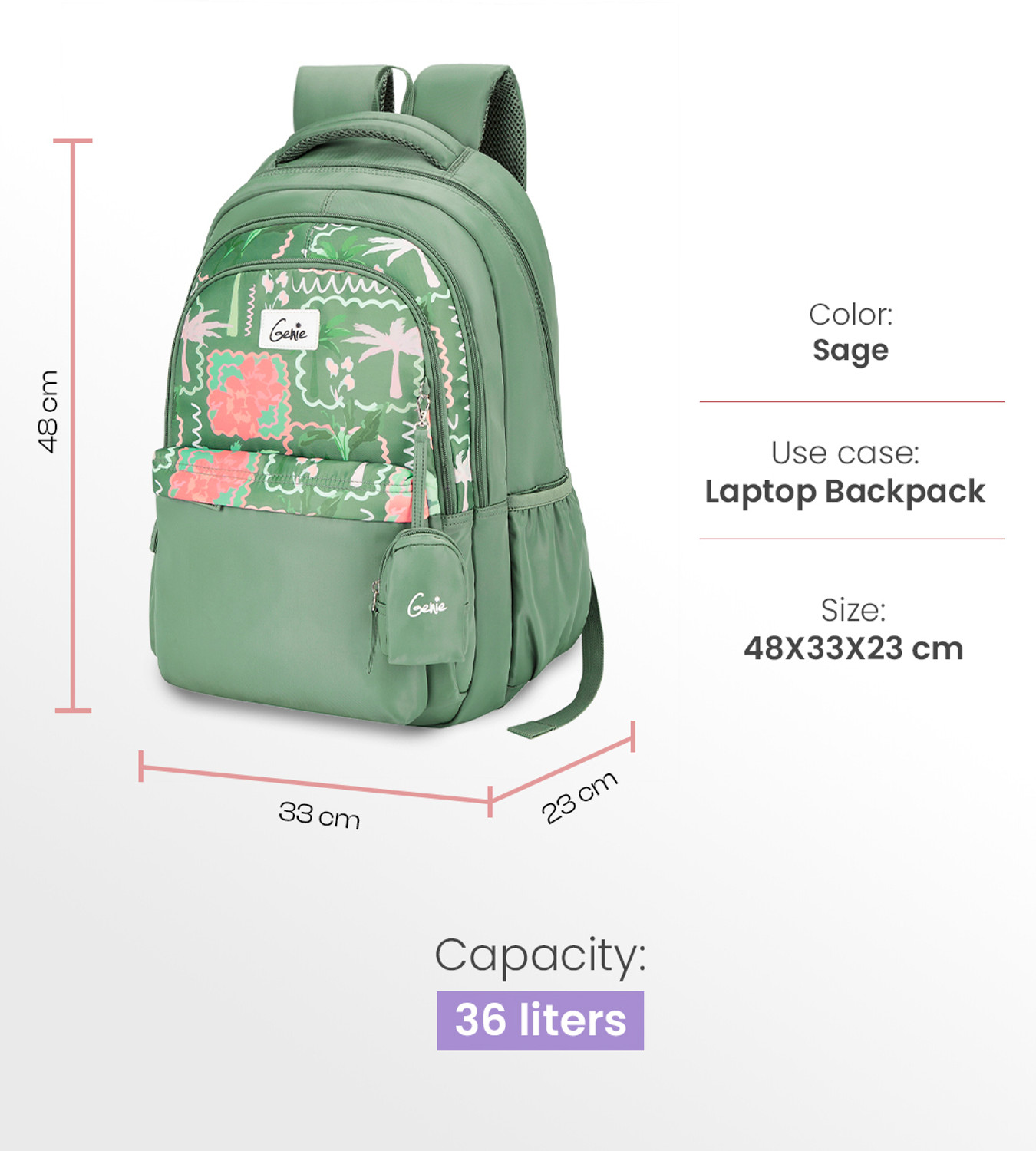 Image of Genie Mirana School Backpack For Girls |19 Inch - Sage 36 L Backpack