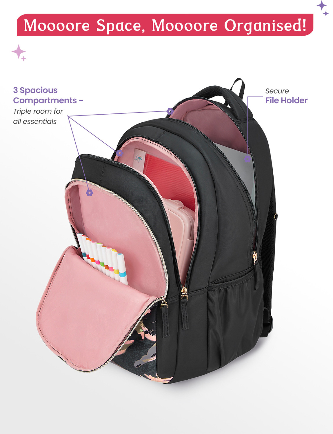 Image of Genie Seabloom School Backpack For Girls |19 Inch - Black 36 L Backpack