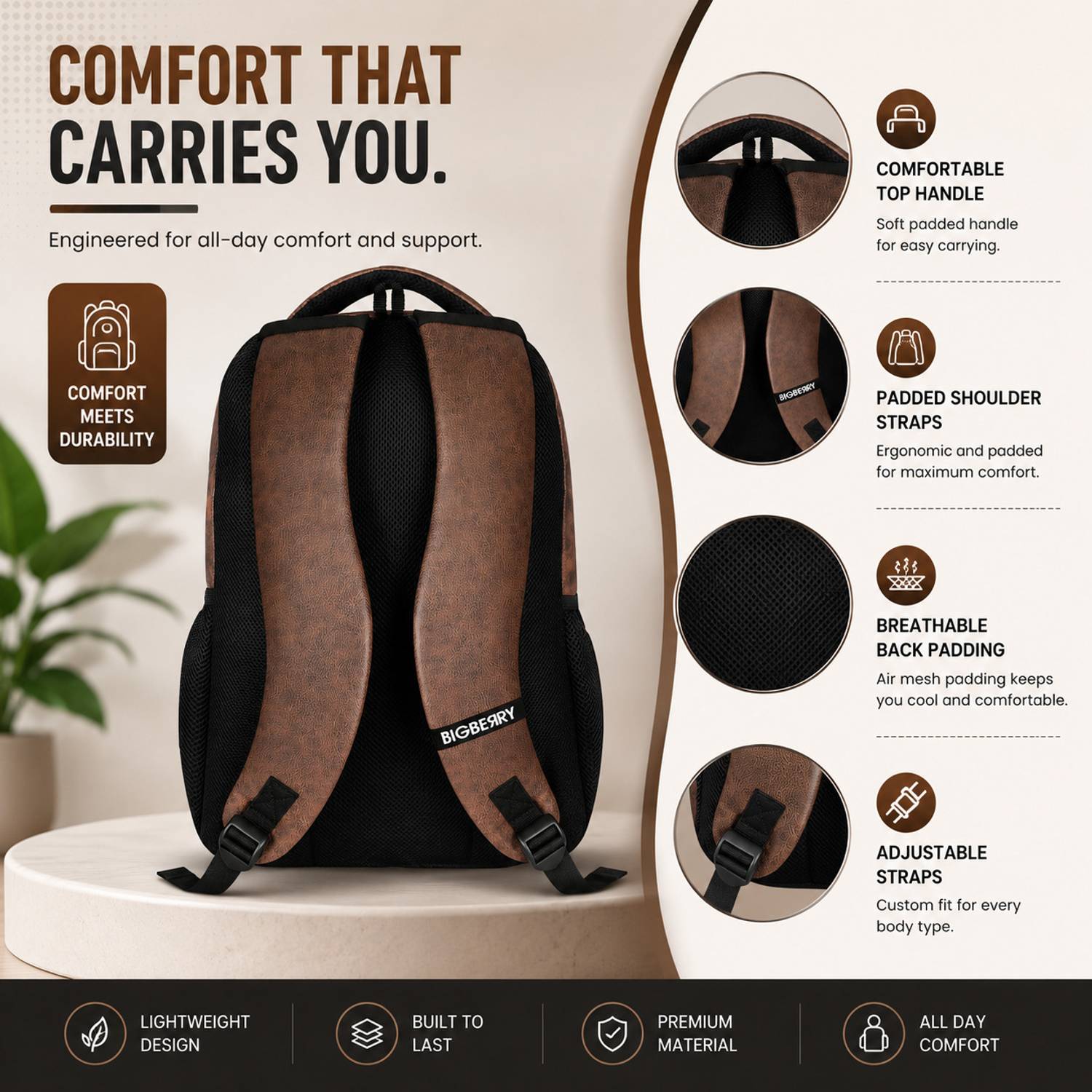 BIGBERRY NEWAGE CLASSIC 2.0 27L Brown Laptop Backpack - Image 4