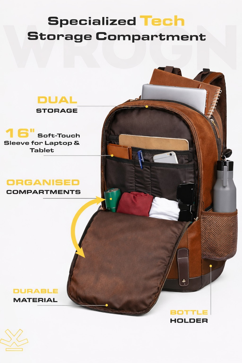 Image of WROGN Large 40L Laptop Backpack Leather Vintage without Anti Theft 40 L Laptop Backpack