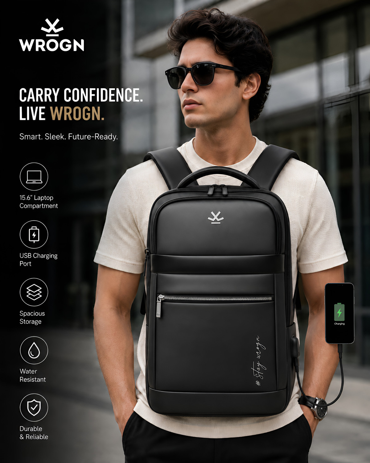 Image of WROGN Multi Compartment Laptop Backpack with USB Charging Port Backpack Office Travel 32 L Backpack
