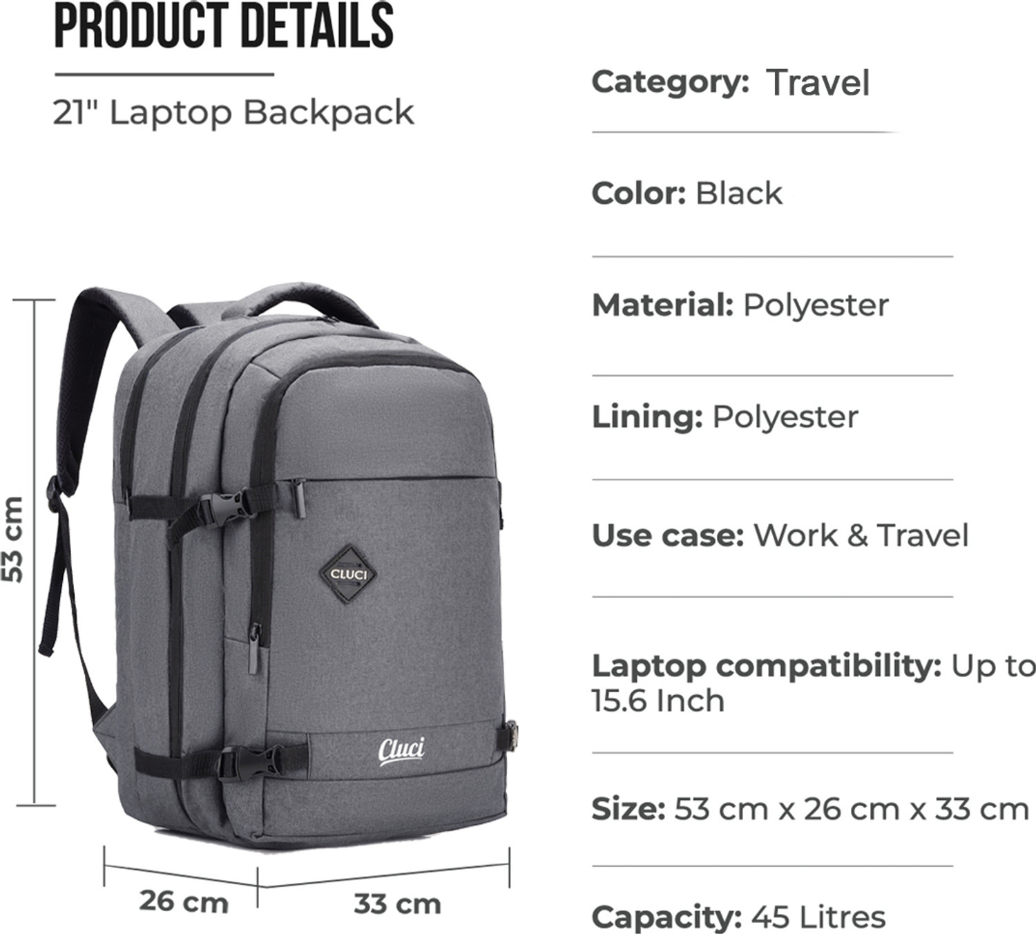 Image of Cluci Luxur Overnighter Expandable Anti Theft feature business /Travel /luggage backpack 45 L Laptop Backpack