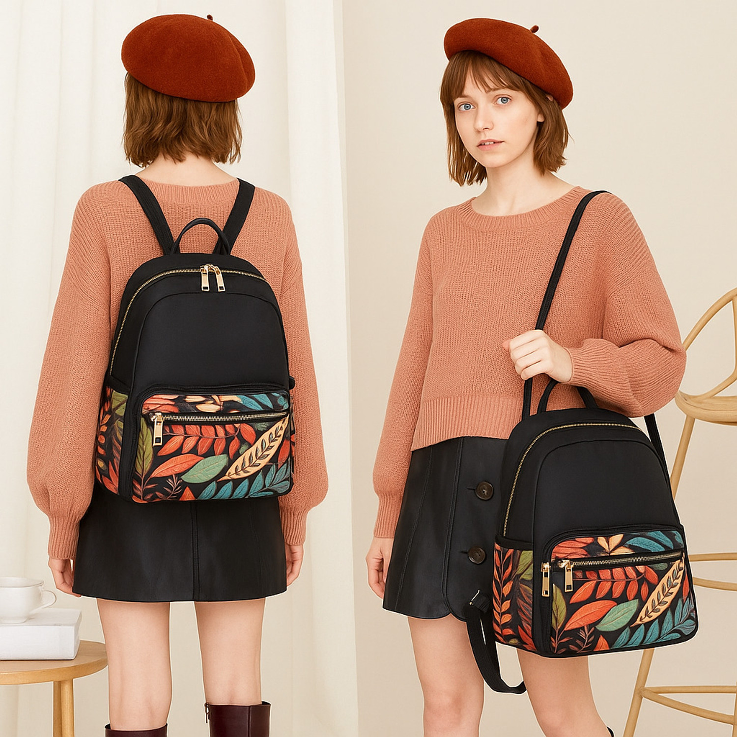 Image of speginic Trendy Black Backpack with Multicolor Leaf Print | Stylish & Spacious Travel Bag 15 L Backpack