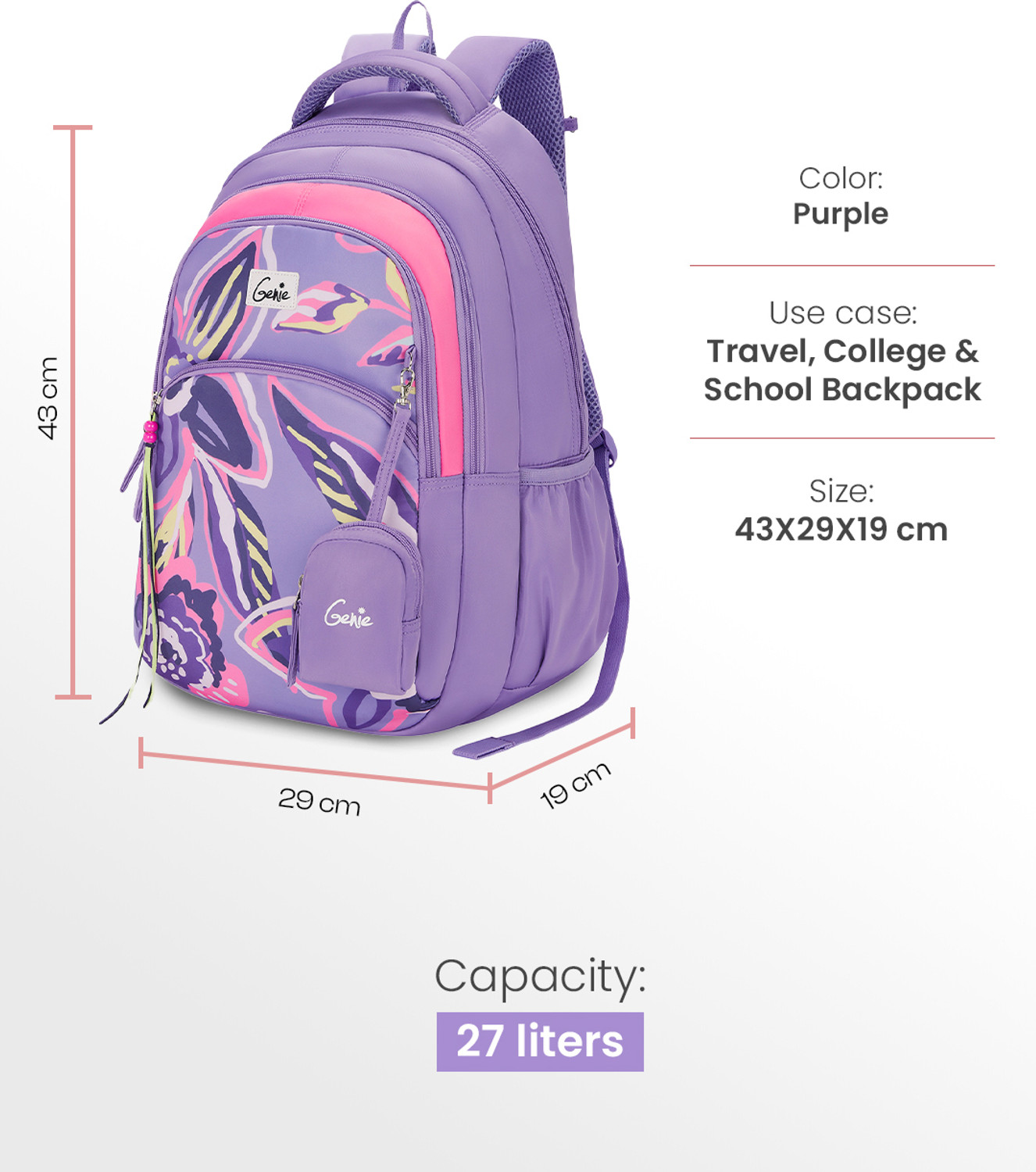 Image of Genie Enchant School Backpack For Girls |17 Inch - Purple 27 L Backpack