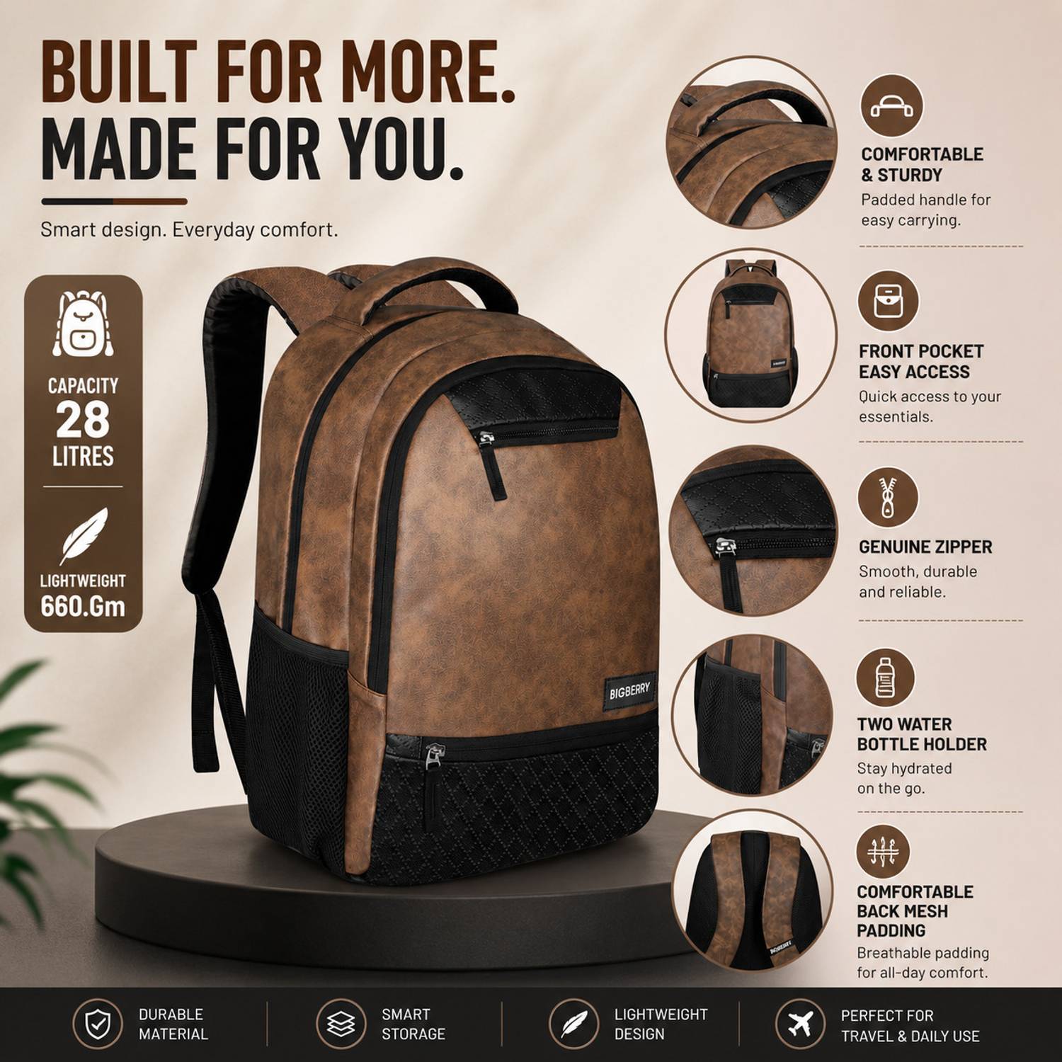 BIGBERRY NEWAGE CLASSIC 2.0 27L Brown Laptop Backpack - Image 5