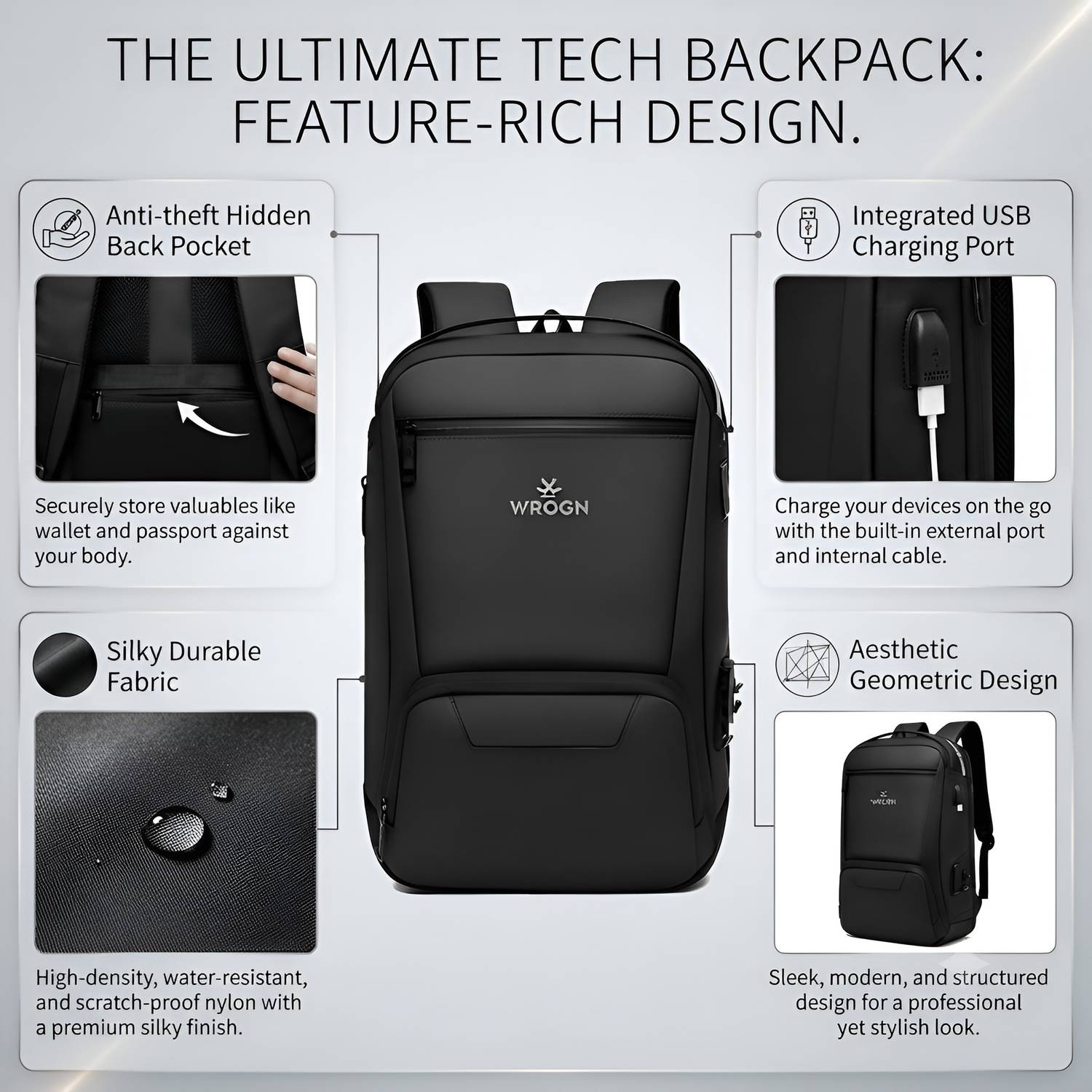 WROGN Smart Laptop Backpack 40L Black - Image 3