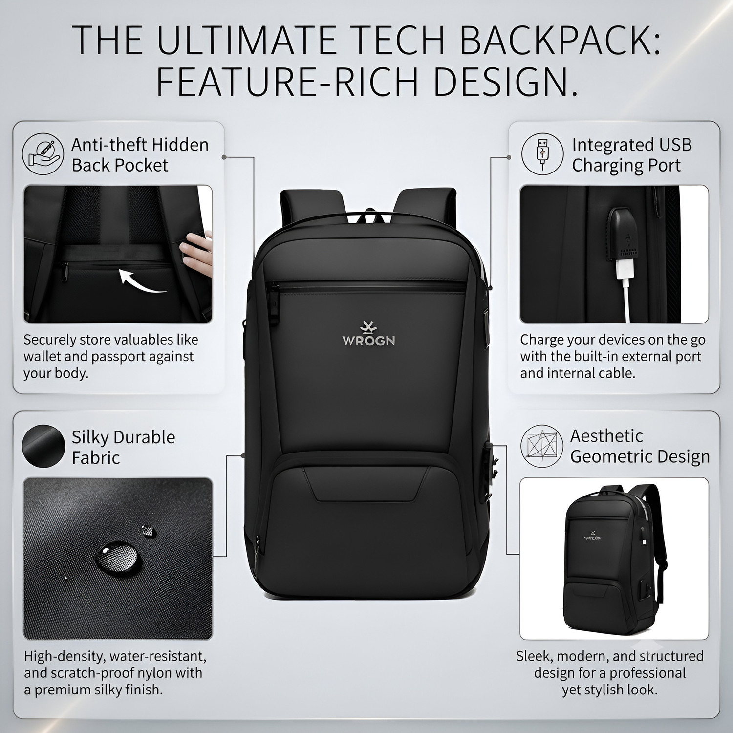 Image of WROGN Large 40 L Backpack Smart Laptop Backpack with USB Charging Port Anti-Theft Design 40 L | Black (Black)