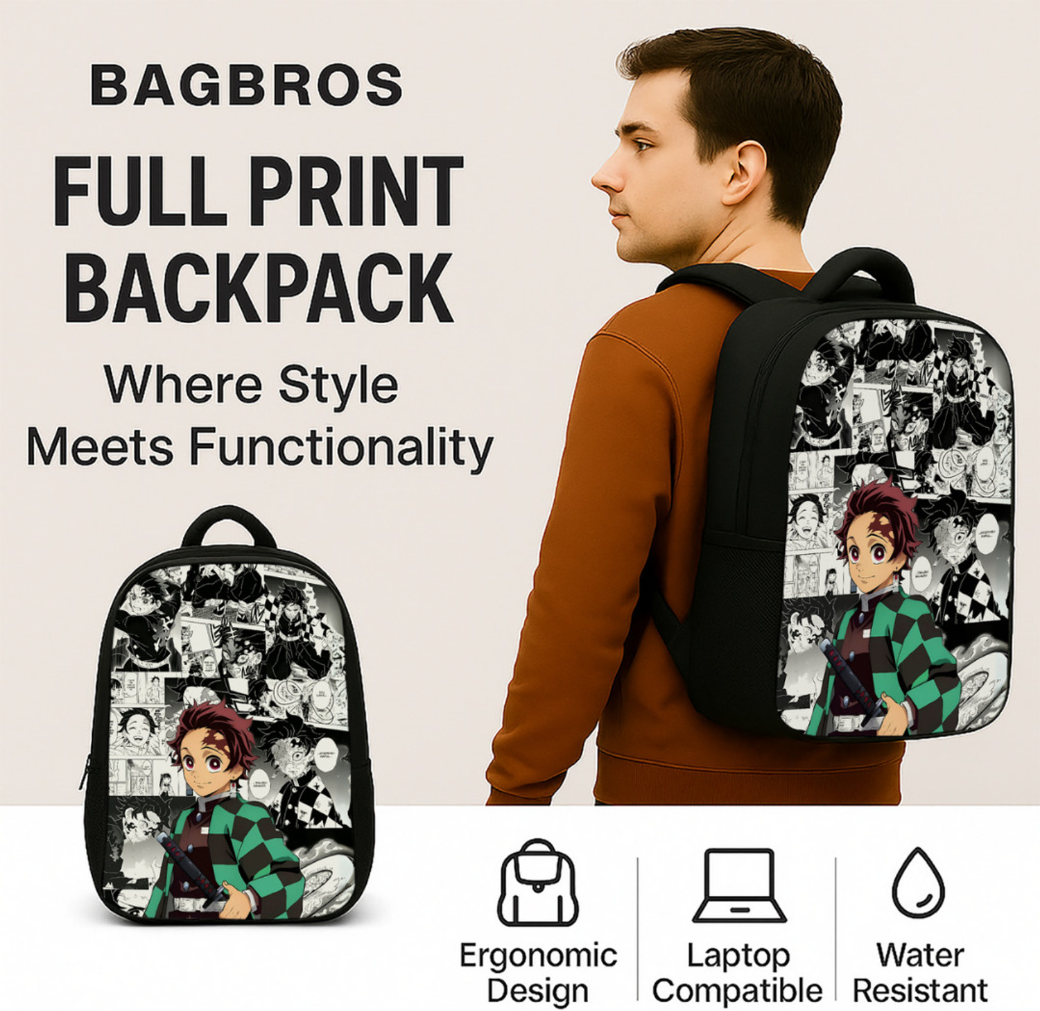 Image of Bagbros Demon Slayer Tanjiro Backpack | Waterproof Anime School, College Backpack 35L 35 L Backpack